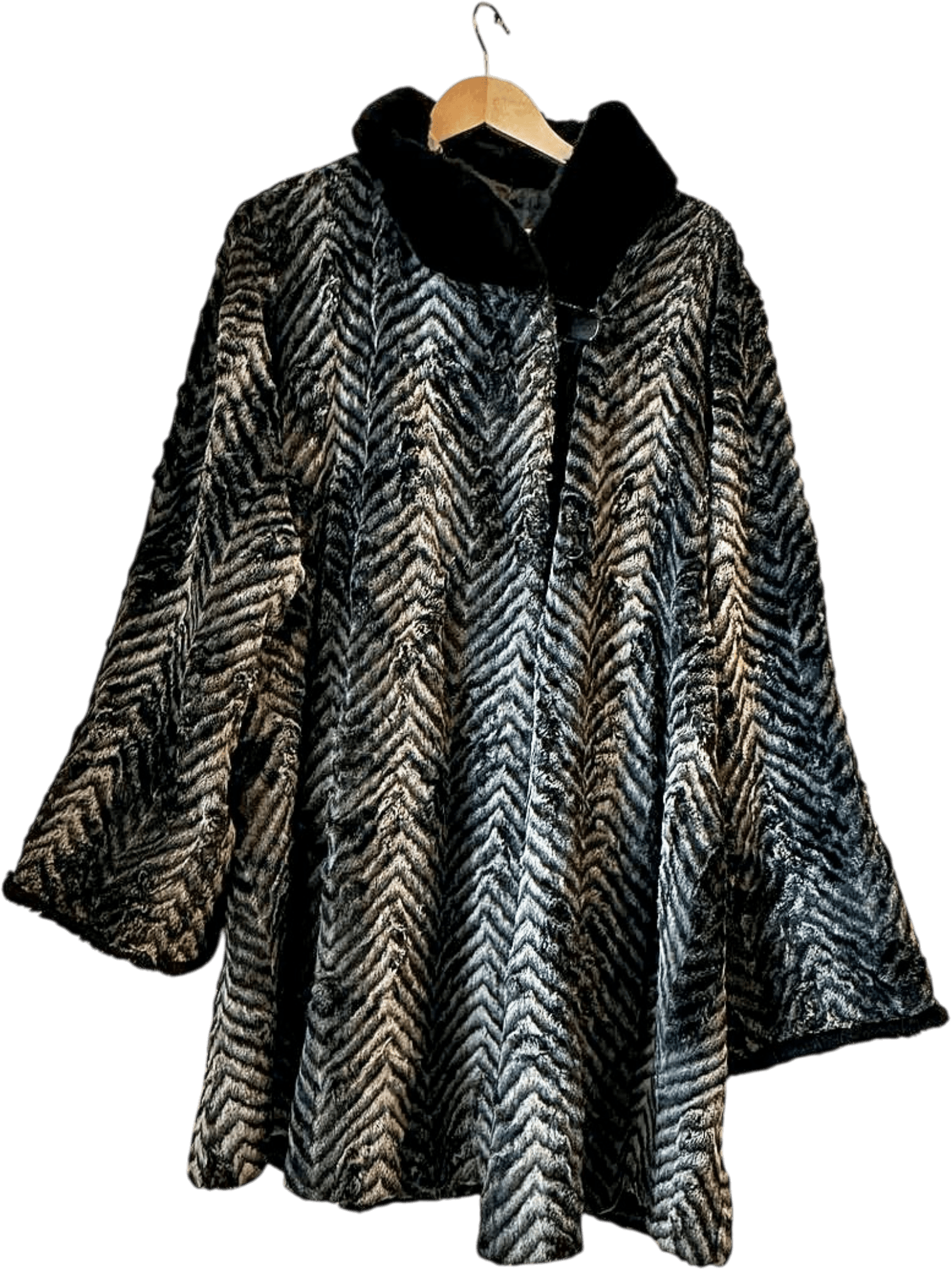 Vintage Daville Paris Faux Fur Coat - Black & Grey Herringbone Pattern 1