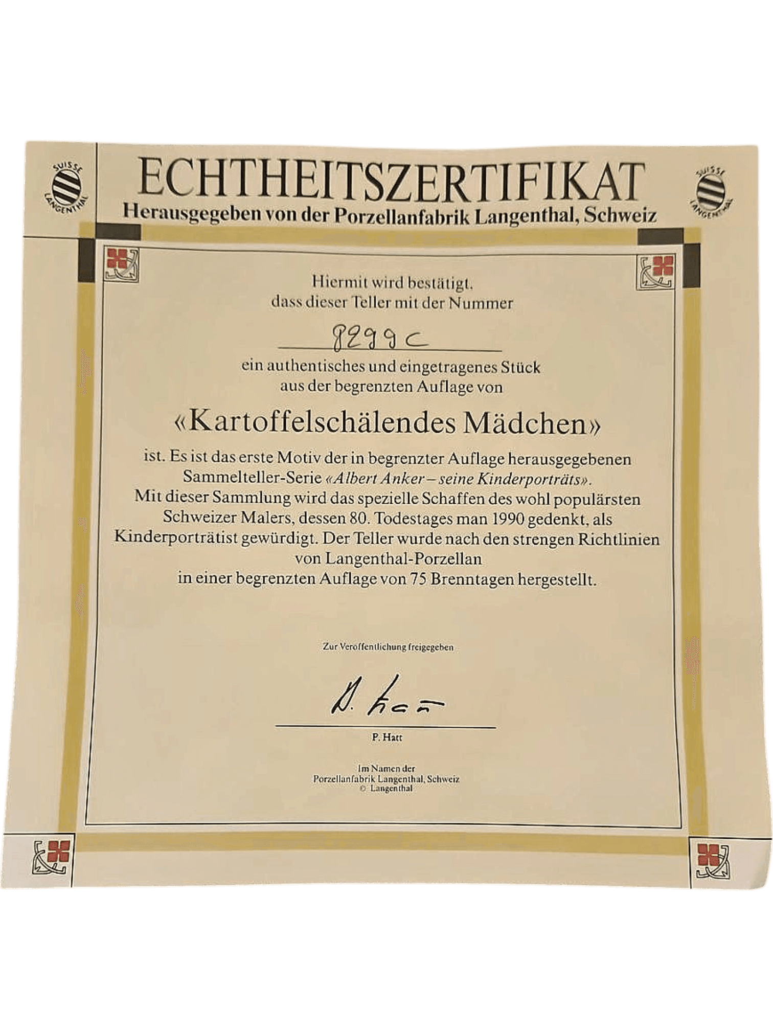 Albert Anker Limited Edition Collector Plate 'Kartoffelschälendes Mädchen' 1990 3