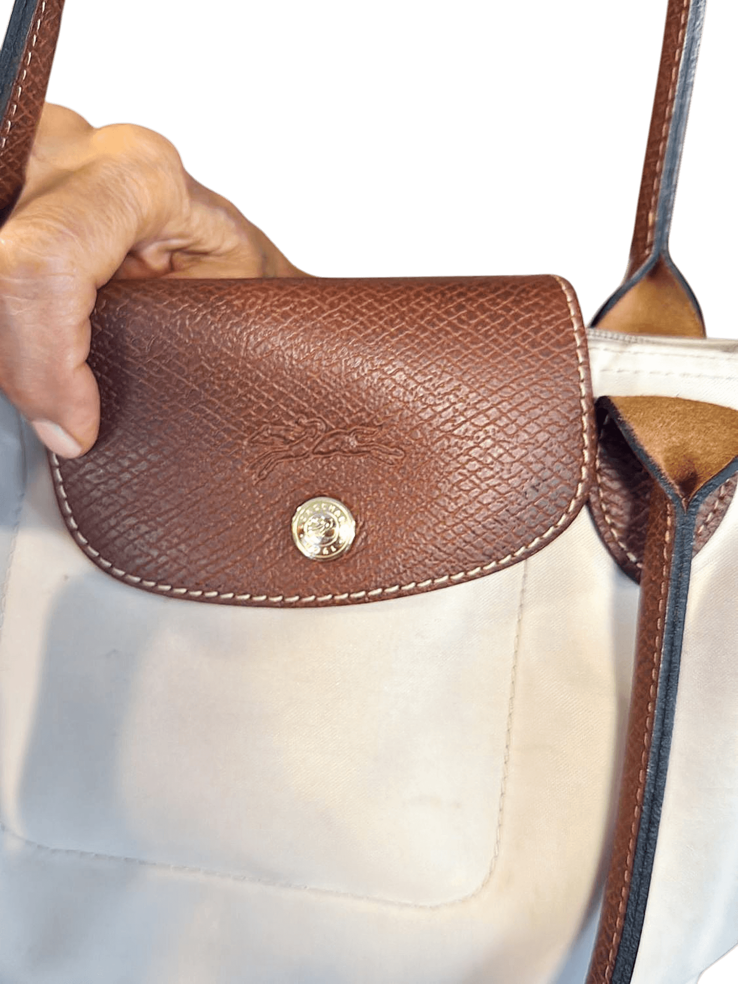 Longchamp Le Pliage große beige Schultertasche mit braunen Lederdetails 2