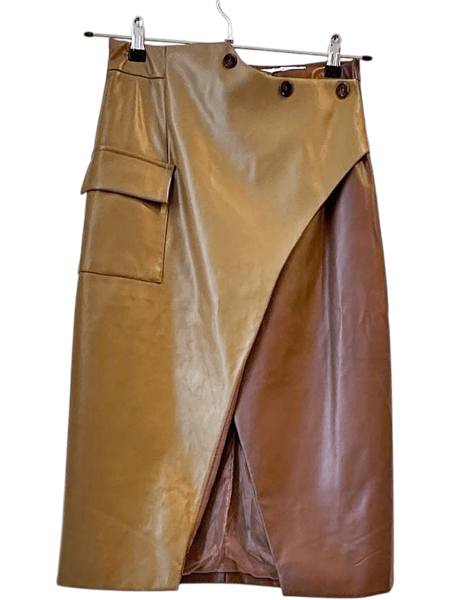 Walorna Two-Tone Faux Leather Midi Skirt with Side Pocket Detail 1