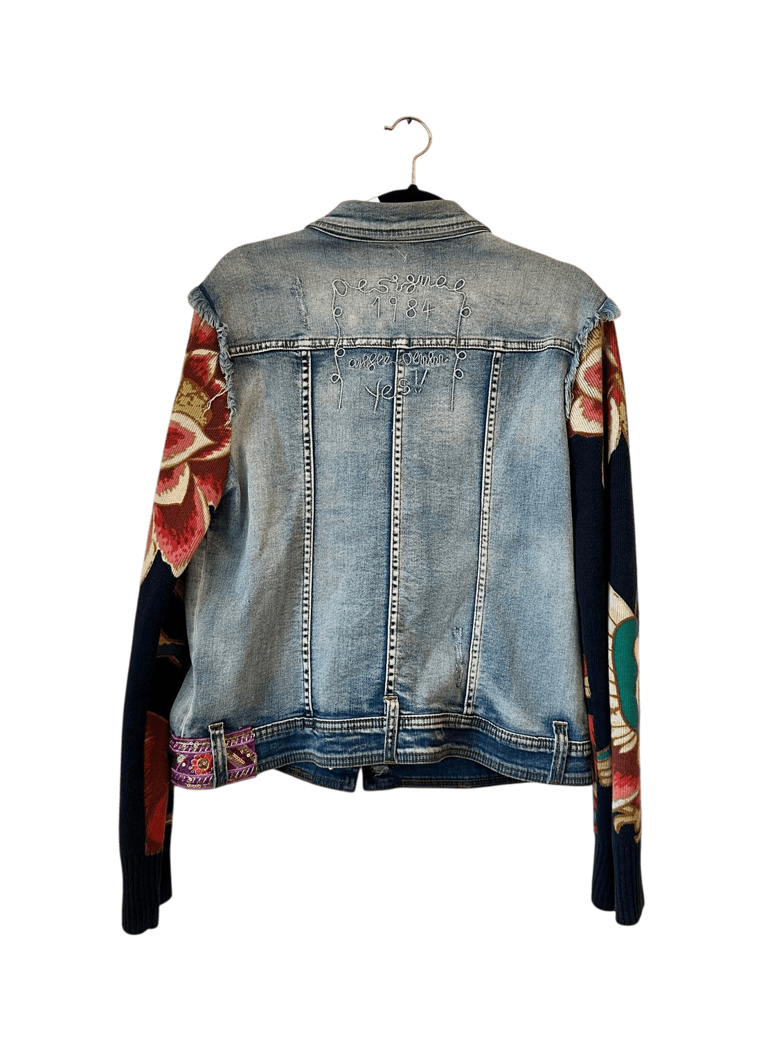 Desigual Embellished Denim Jacket with Floral Knit Sleeves 5