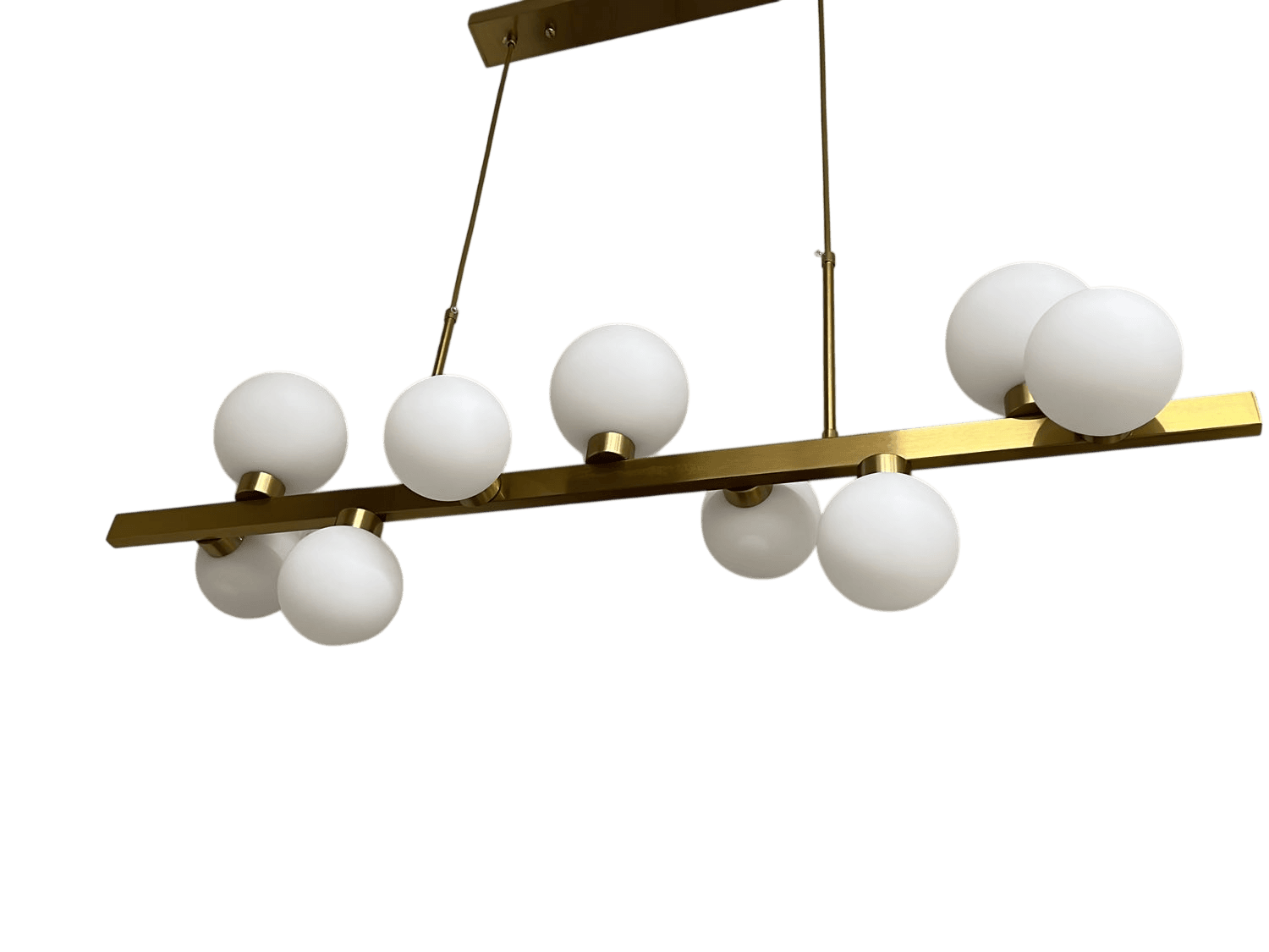 Modern Linear Chandelier with White Globe Shades and Gold Finish 1