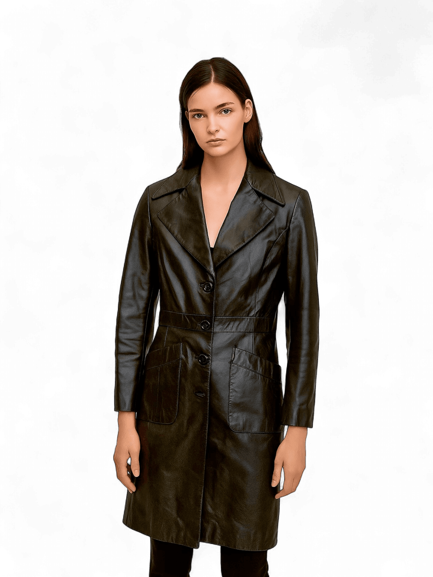 Classic Black Leather Trench Coat - Women's Tailored Design 1