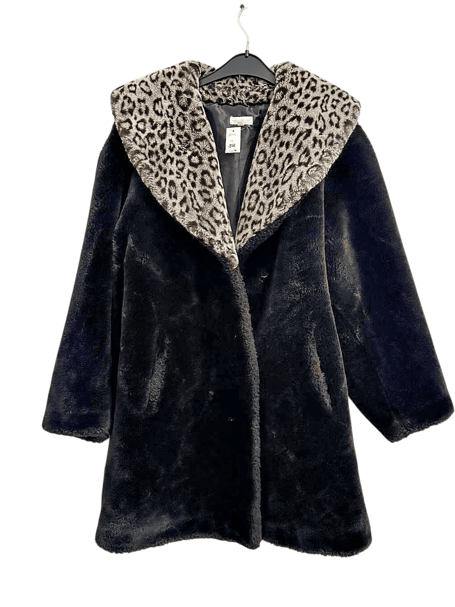 Elegant Black Faux Fur Coat with Leopard Print Collar 1