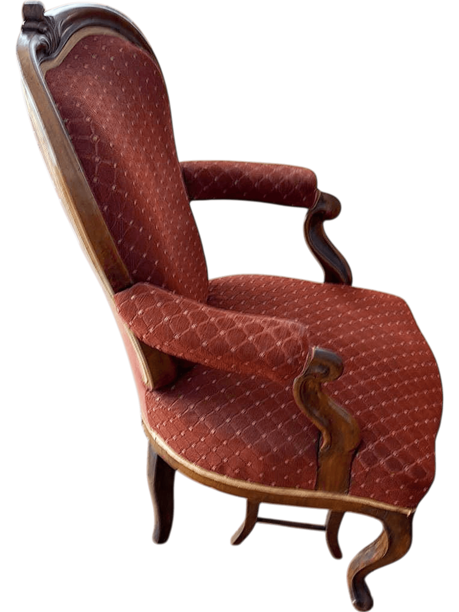 Antiker Sessel mit rotem Stoffbezug und geschwungenen Holzbeinen 2