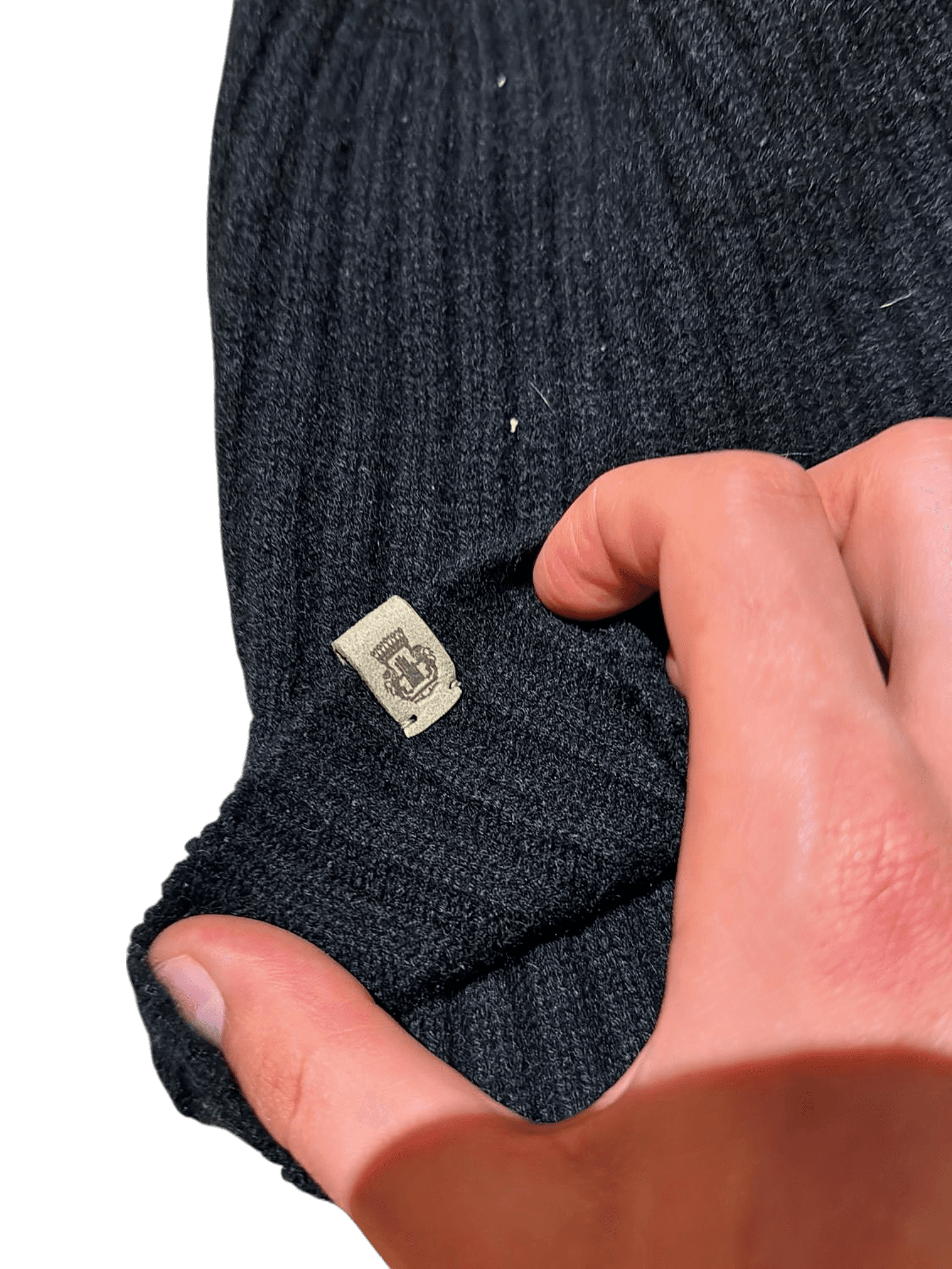 Black Ribbed Beanie Hat with Brand Tag 2