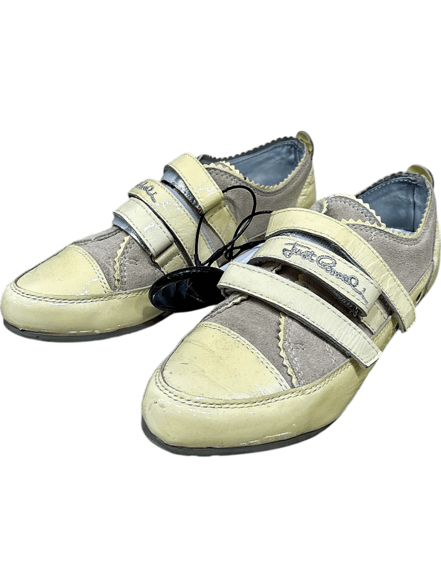 Just Cavalli Cream & Grey Leather Velcro Flats - Size 36 1