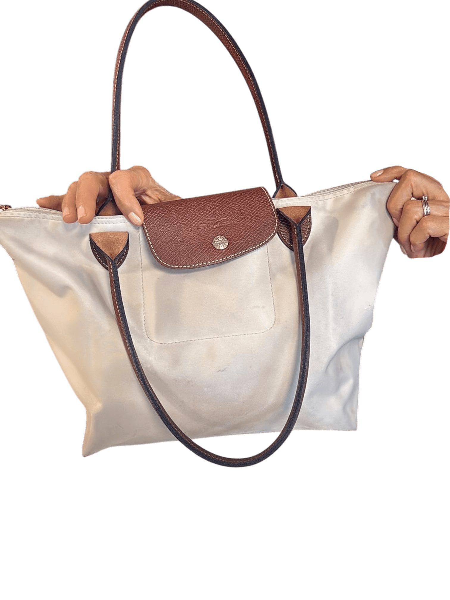 Longchamp Le Pliage große beige Schultertasche mit braunen Lederdetails 1