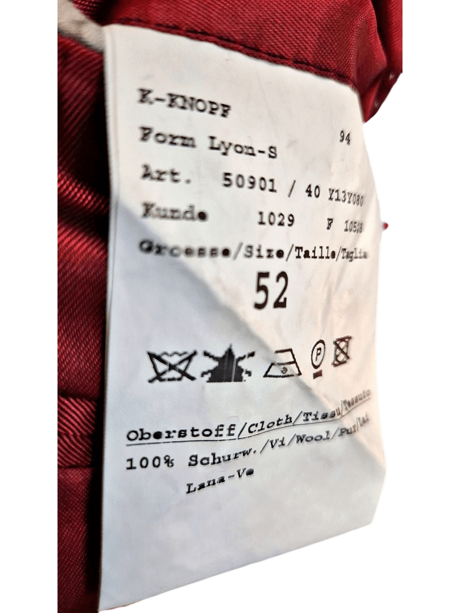 Z-Knioff Form Lyon-S 100% Wool Garment - Size 52 1