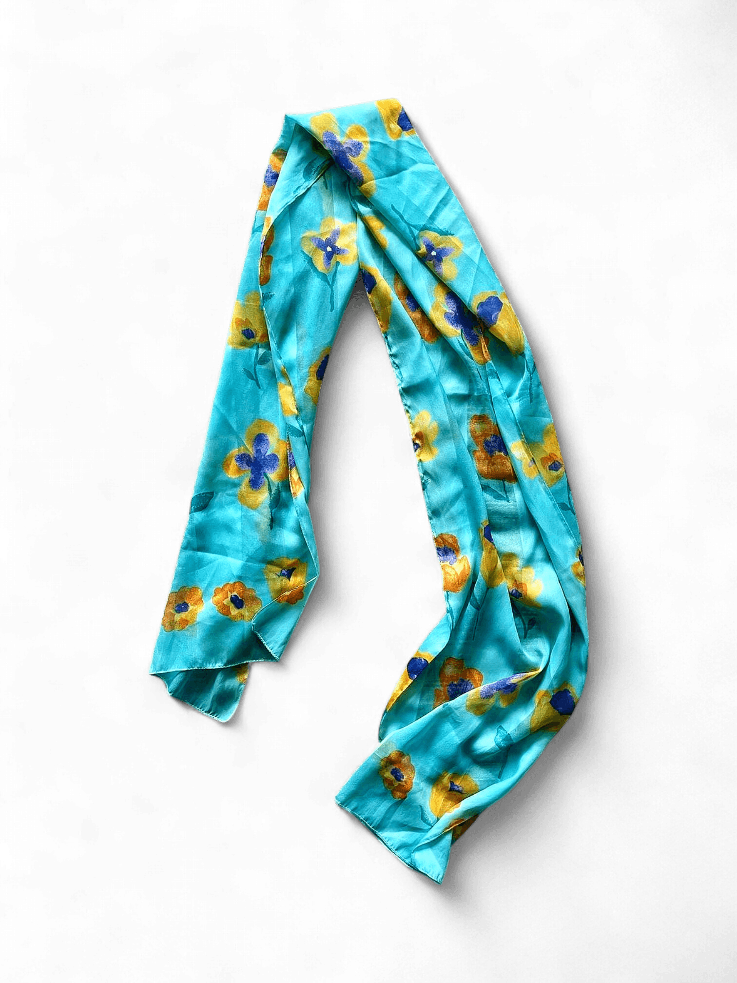 Floral Print Turquoise Silk Scarf with Yellow and Purple Flowers 2