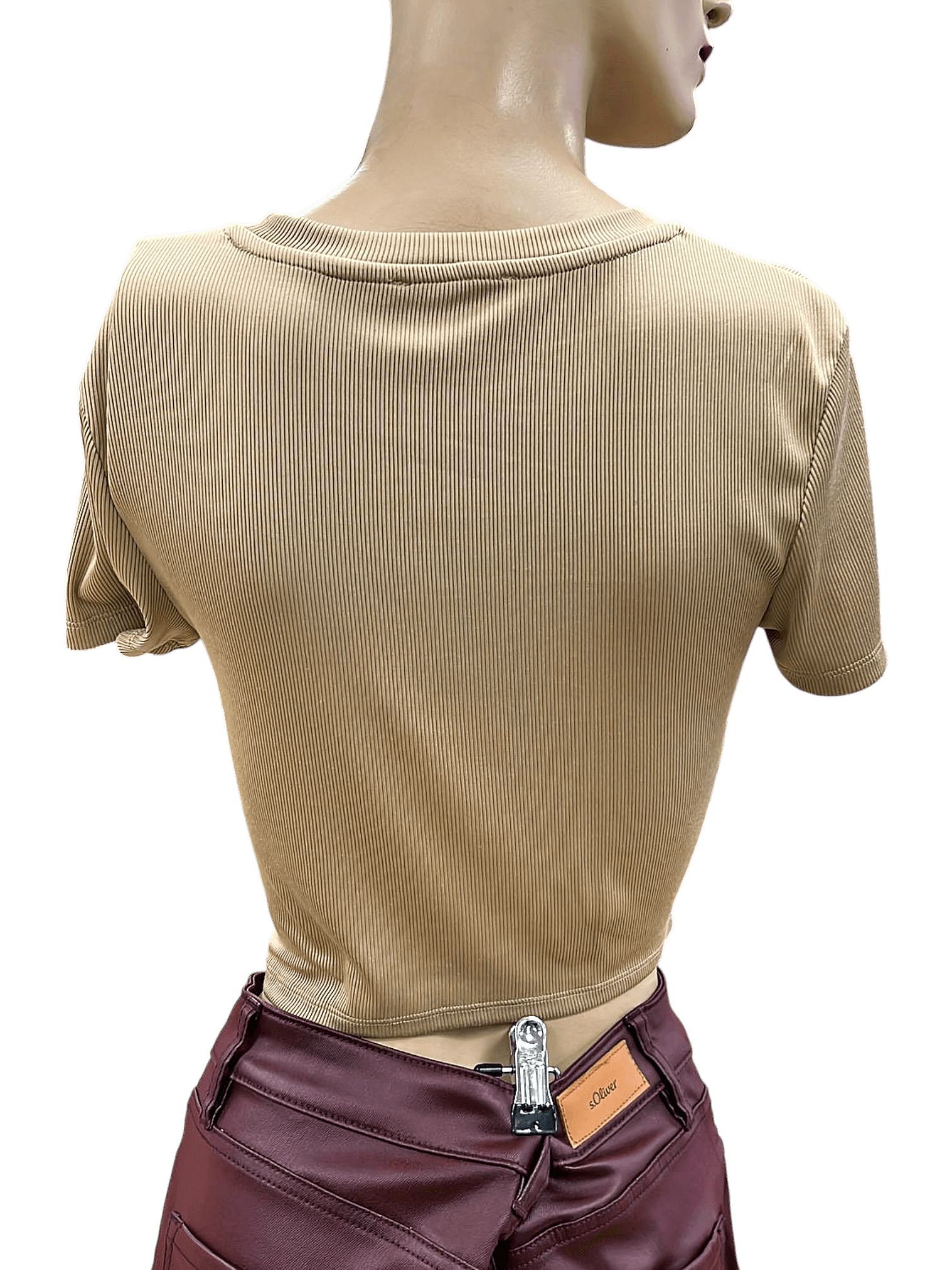 Beiges Bauchfreies Crop Top mit Kettendetail - Gerippter Stoff 2