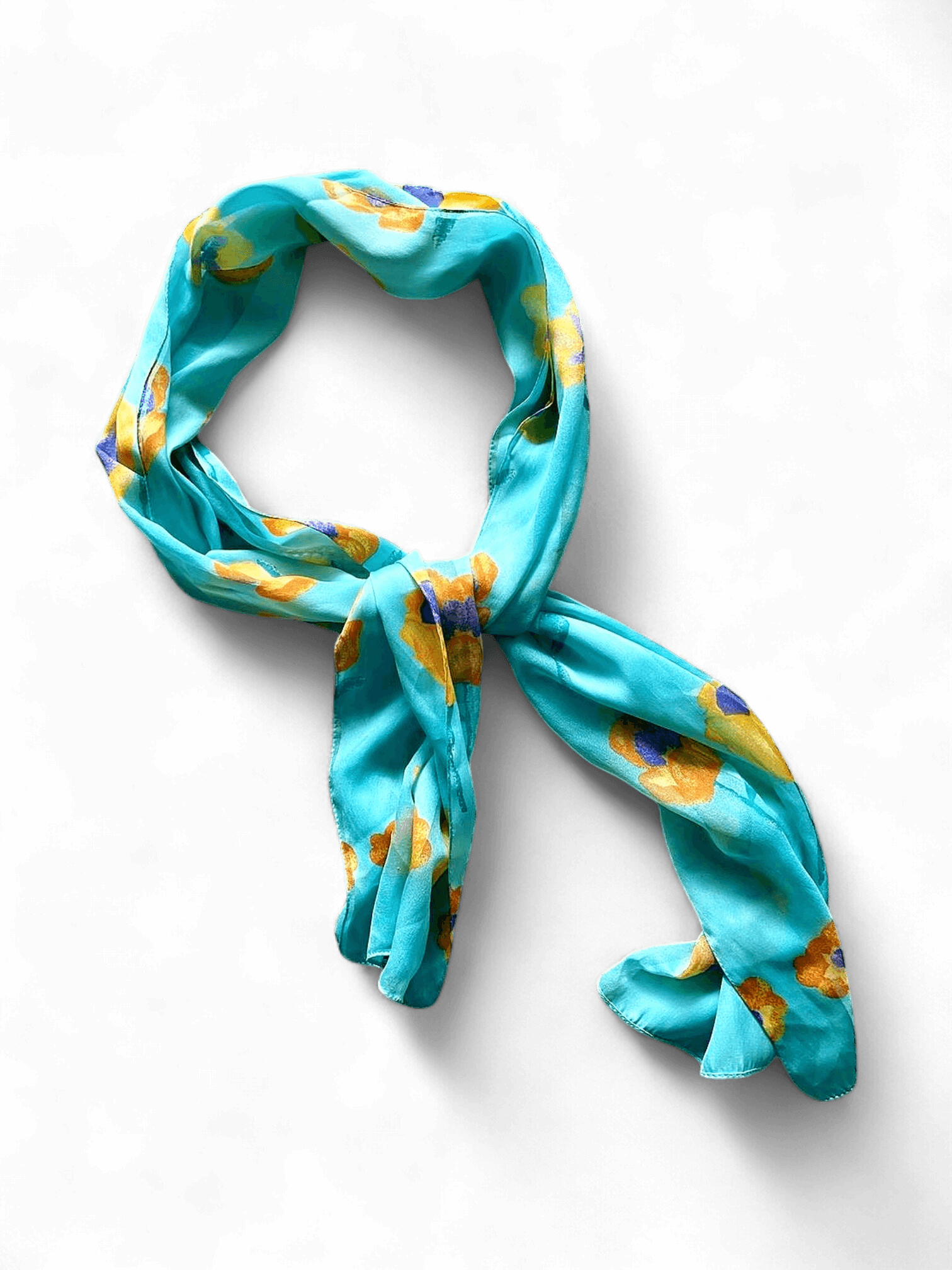 Floral Print Turquoise Silk Scarf with Yellow and Purple Flowers 1