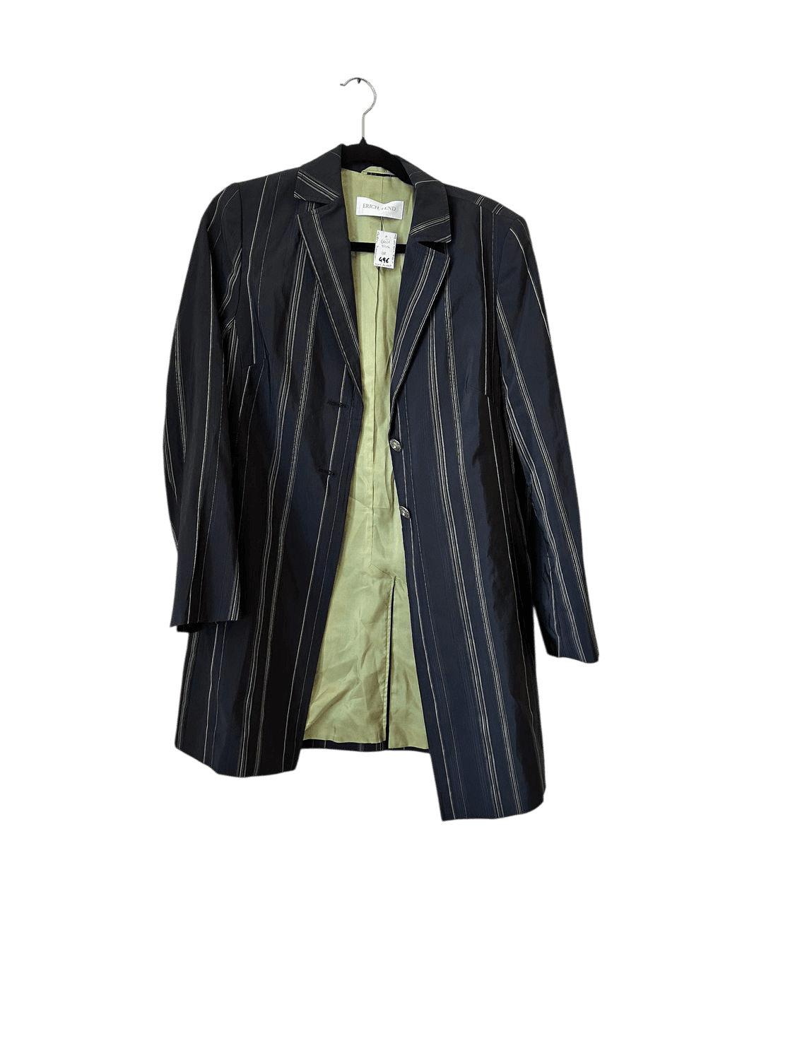 Erich Fend Black Pinstripe Long Blazer with Green Lining - Size 38 2