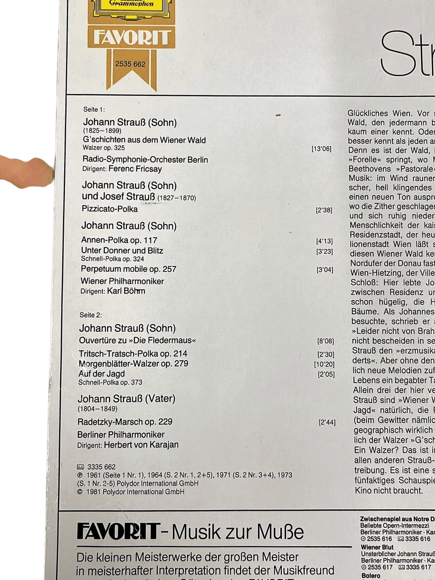 Strauss Melodien Vinyl - Geschichten aus dem Wienerwald - Deutsche Grammophon 2