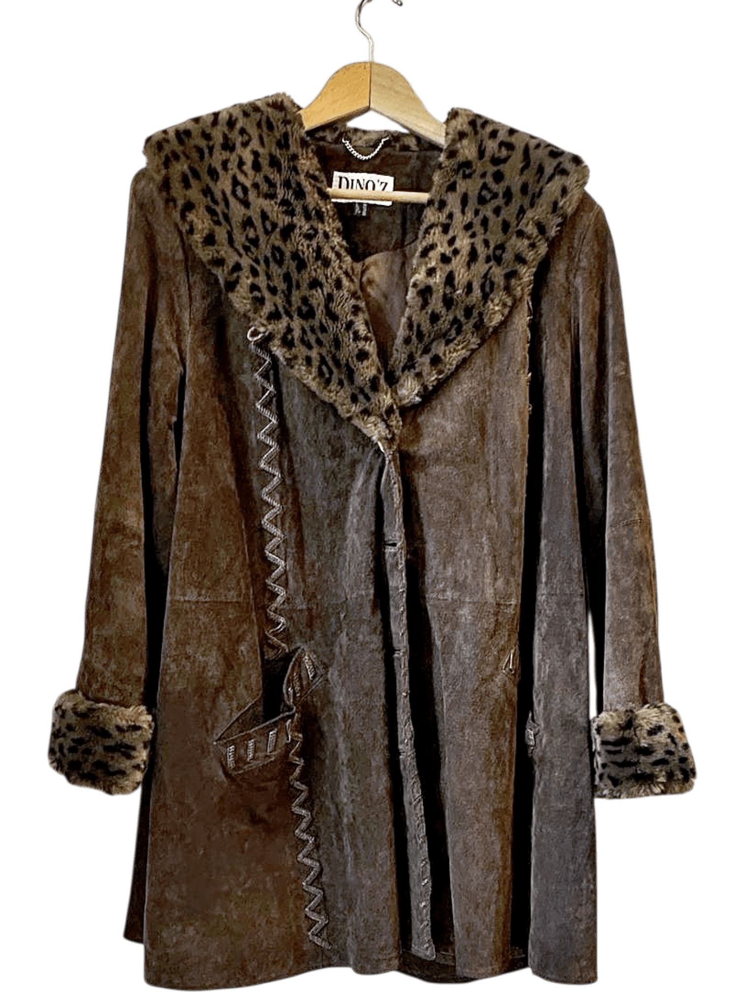 vintage 90s DINO'Z Brown Suede Coat with Leopard Print Fur Trim - Size 40 1