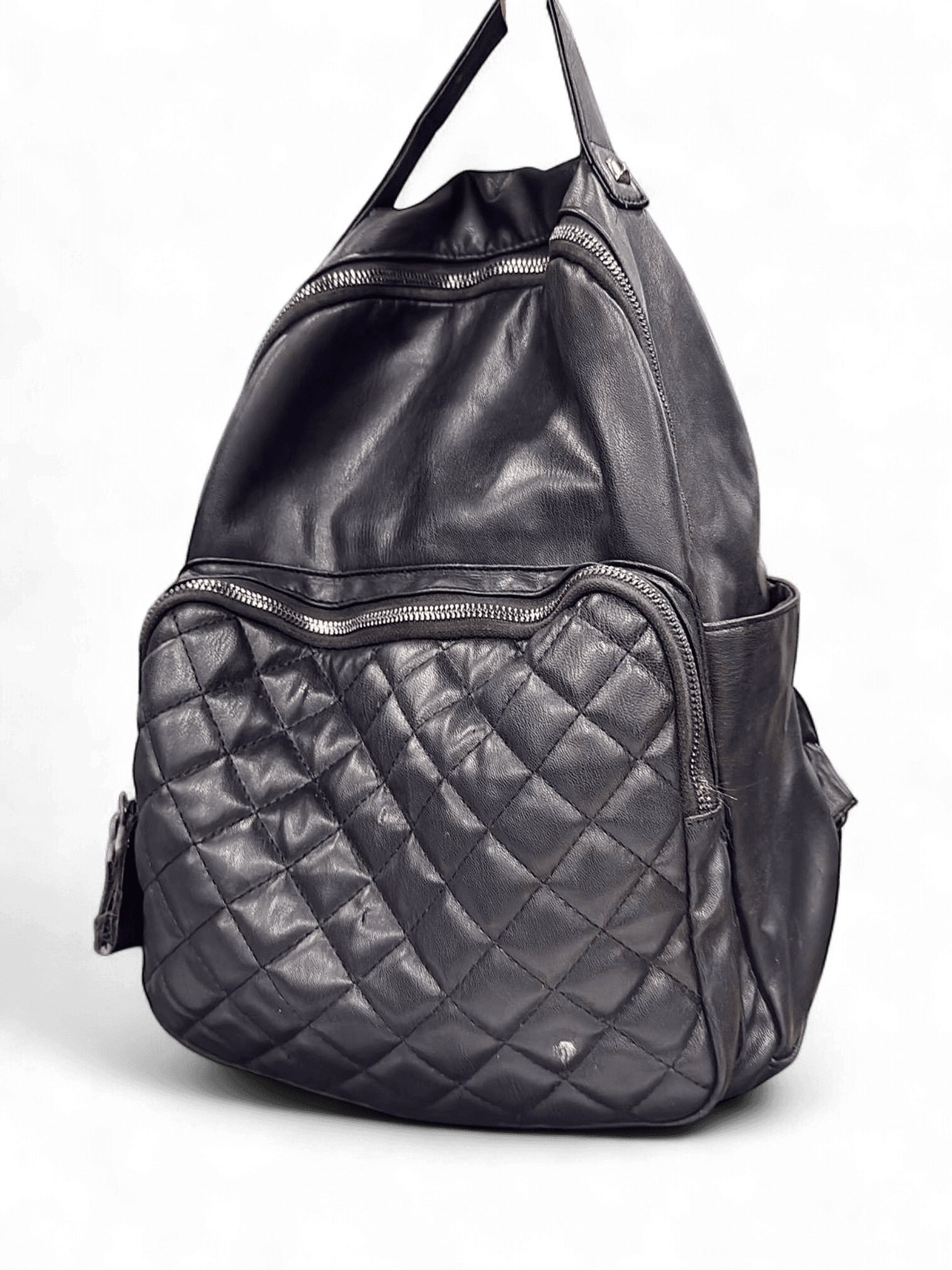 Black Quilted Leather Backpack with Silver Zippers 1