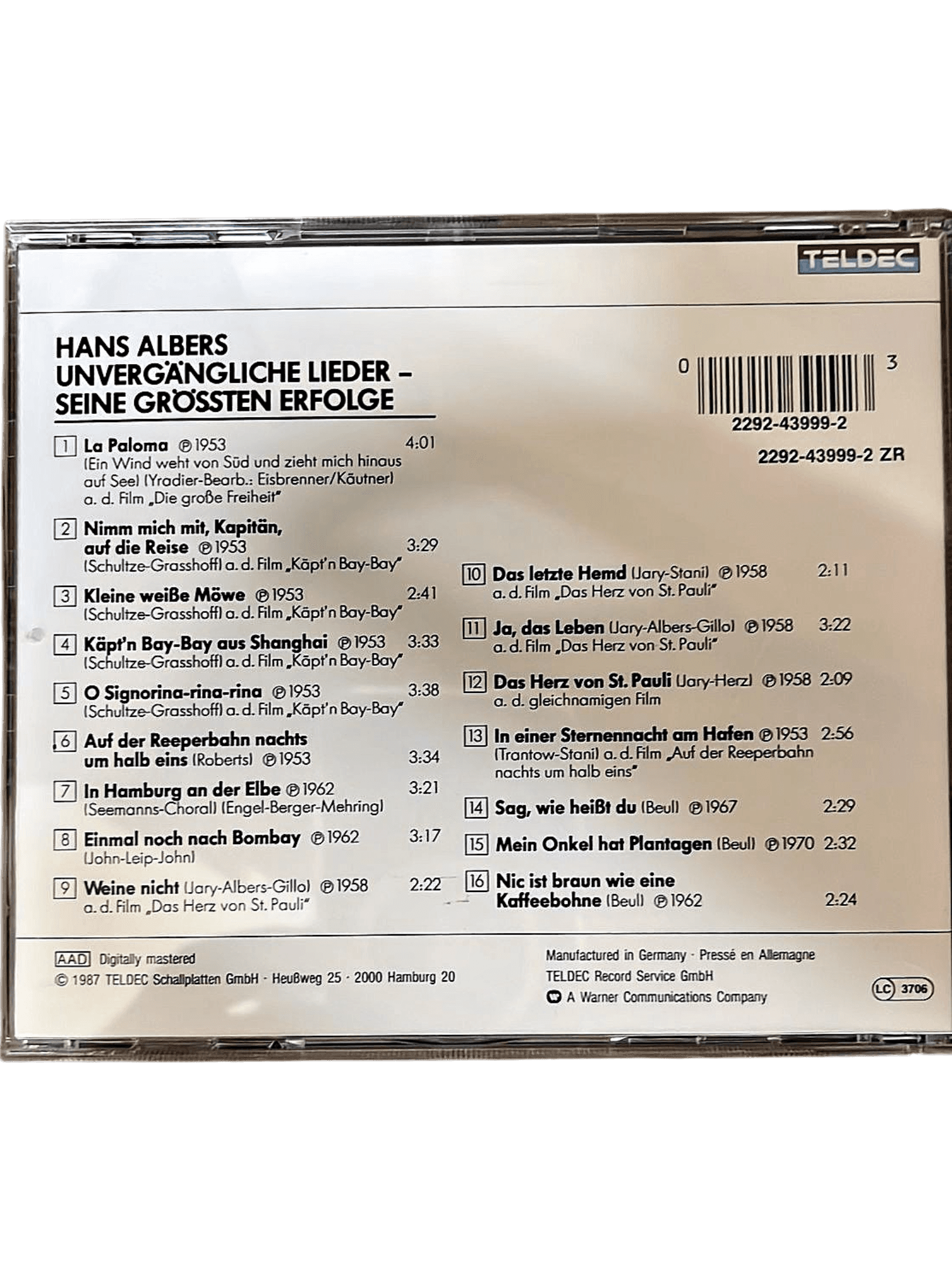 Hans Albers - Unvergängliche Lieder: Seine größten Erfolge CD (TELDEC) 2