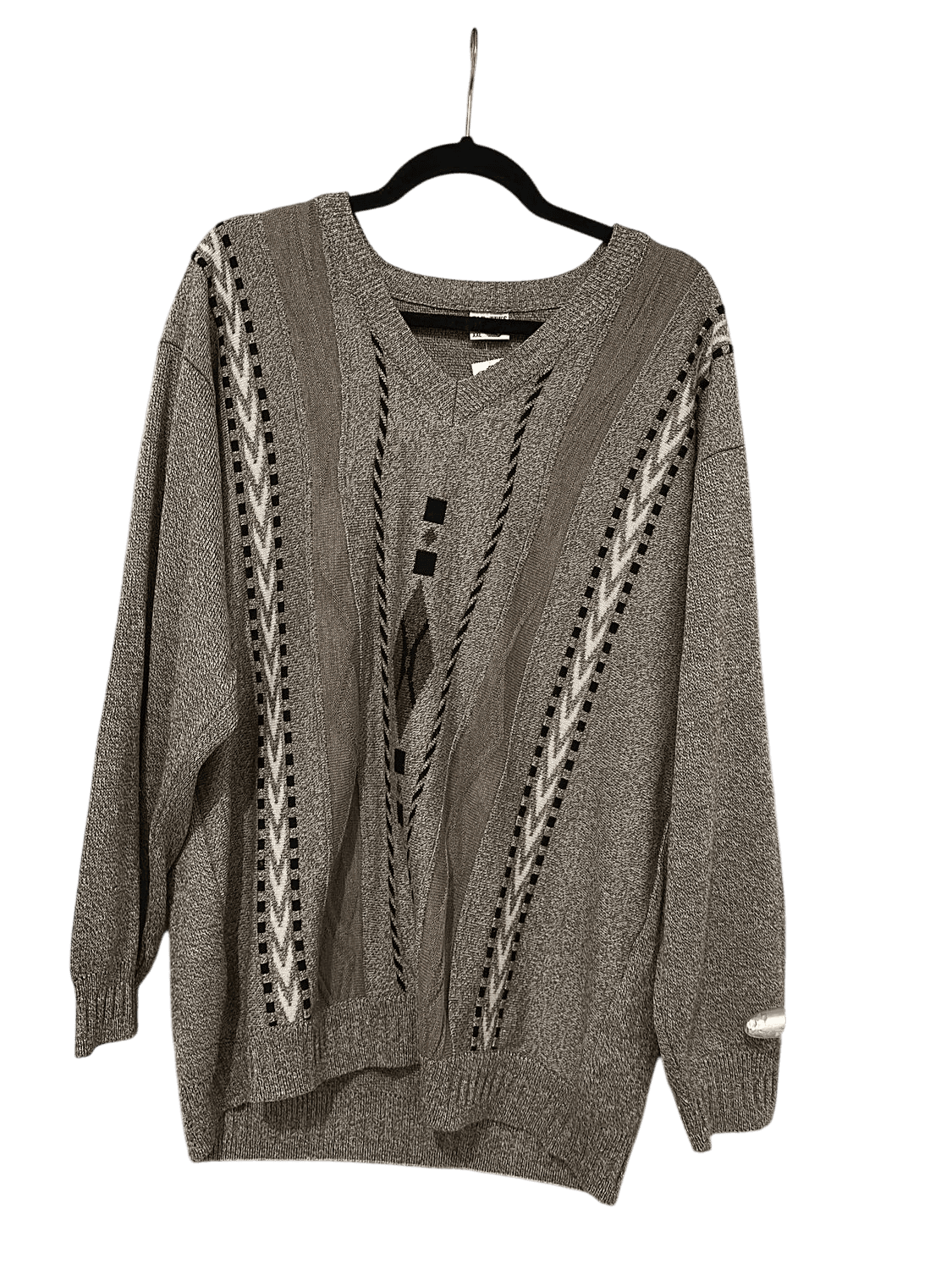 Vintage Fap Teks Grey Patterned V-Neck Sweater - 100% Acrylic 2