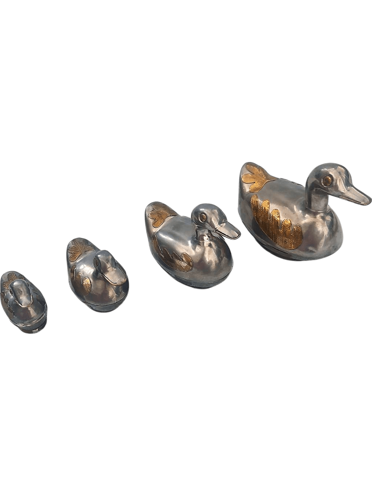 Vintage Set of 4 Pewter Duck Figurines with Matching Dishes 1