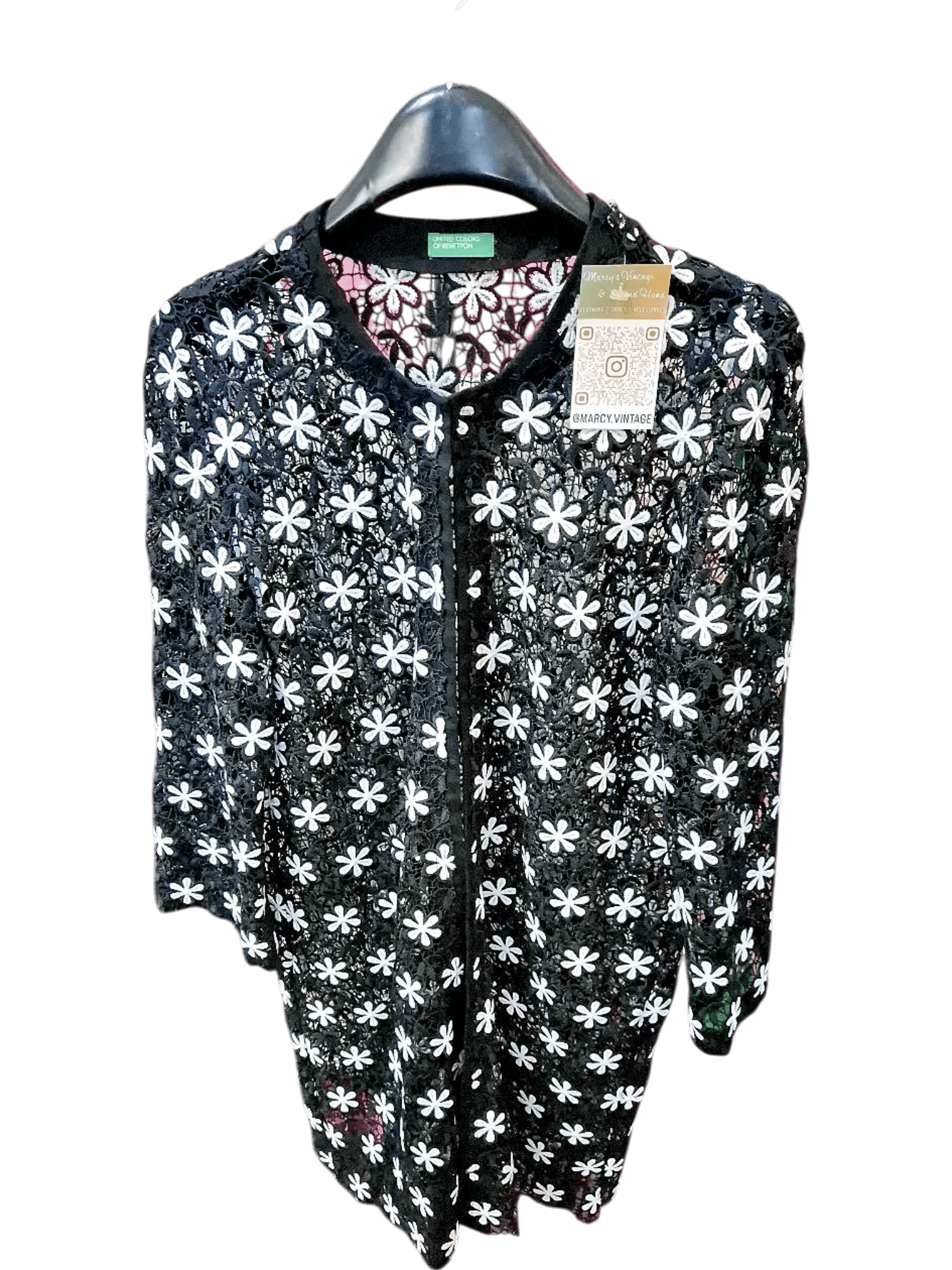 United Colors of Benetton Black Lace Blouse with White Floral Pattern 1