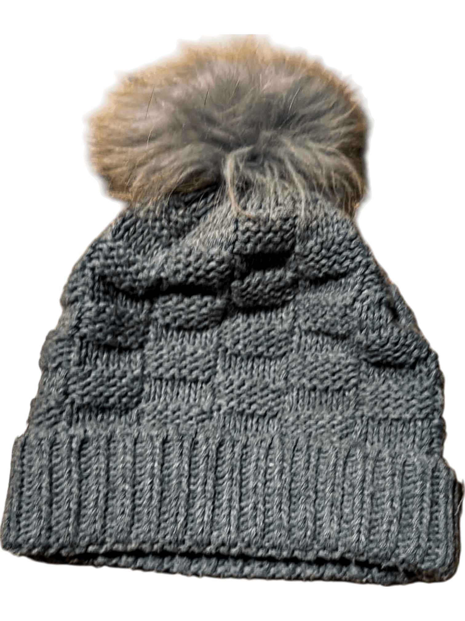 Grey Knitted Winter Beanie with Faux Fur Pom Pom 2