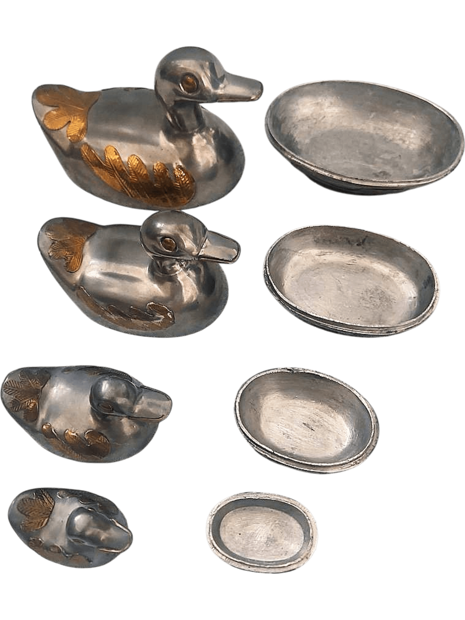 Vintage Set of 4 Pewter Duck Figurines with Matching Dishes 5