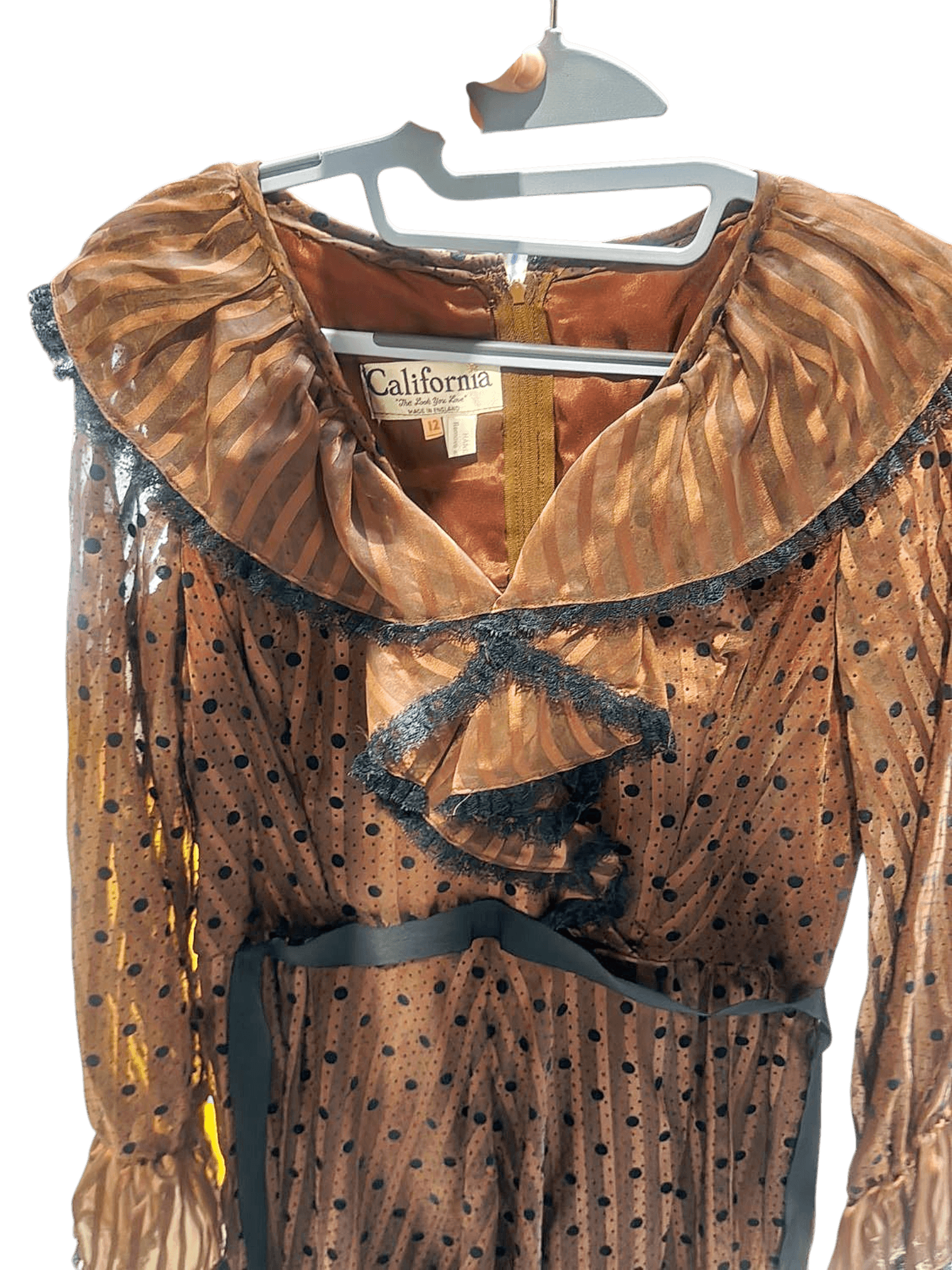 California Brown Polka Dot Silk Blouse - Size 12 - Made in England 2