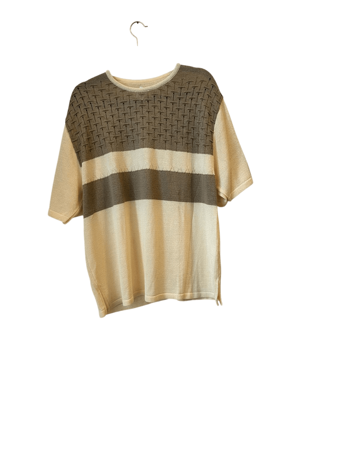 Vintage Basketweave Knit Sweater - Beige & Brown Stripes - Size 50 2