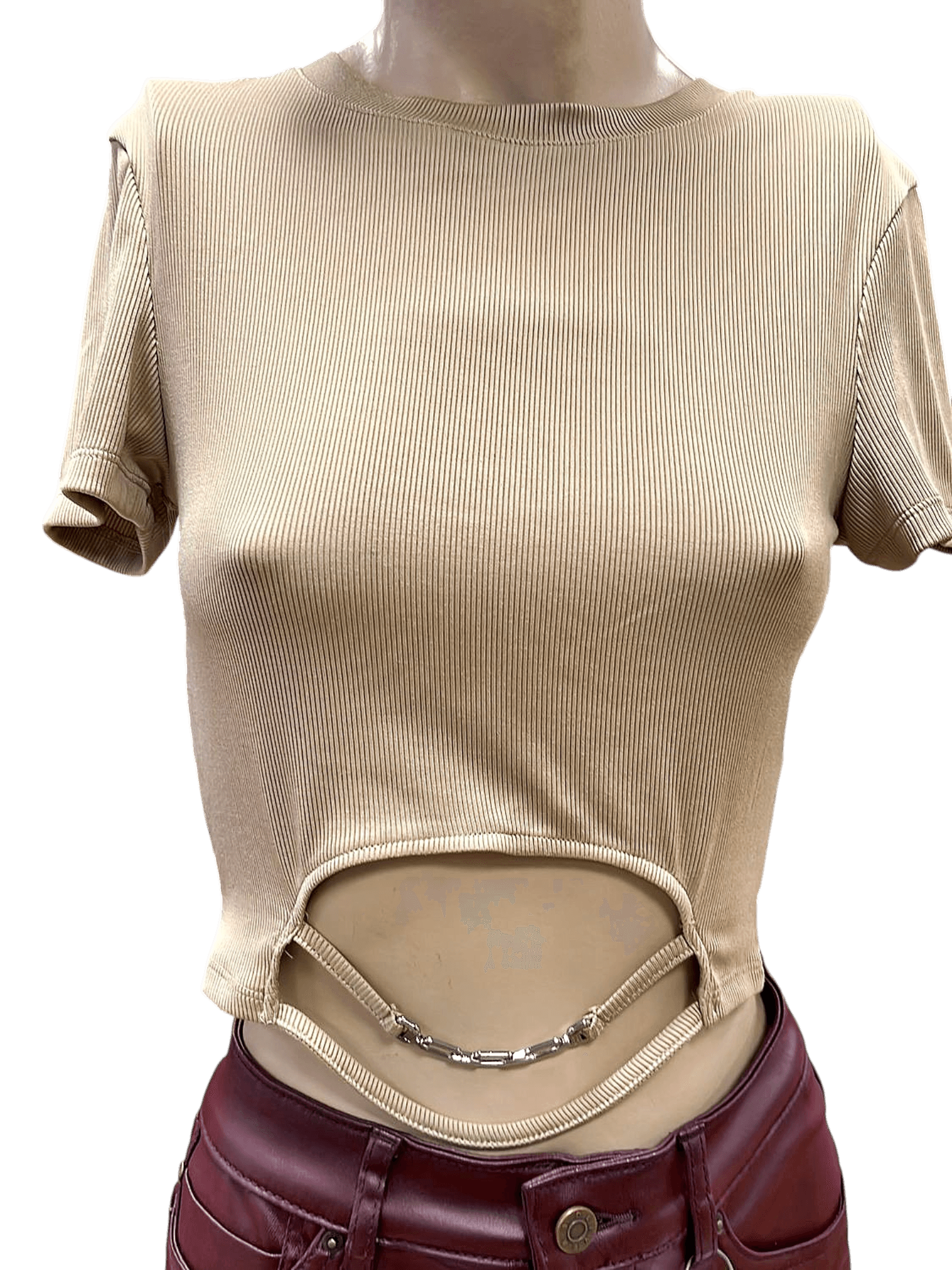 Beiges Bauchfreies Crop Top mit Kettendetail - Gerippter Stoff 1