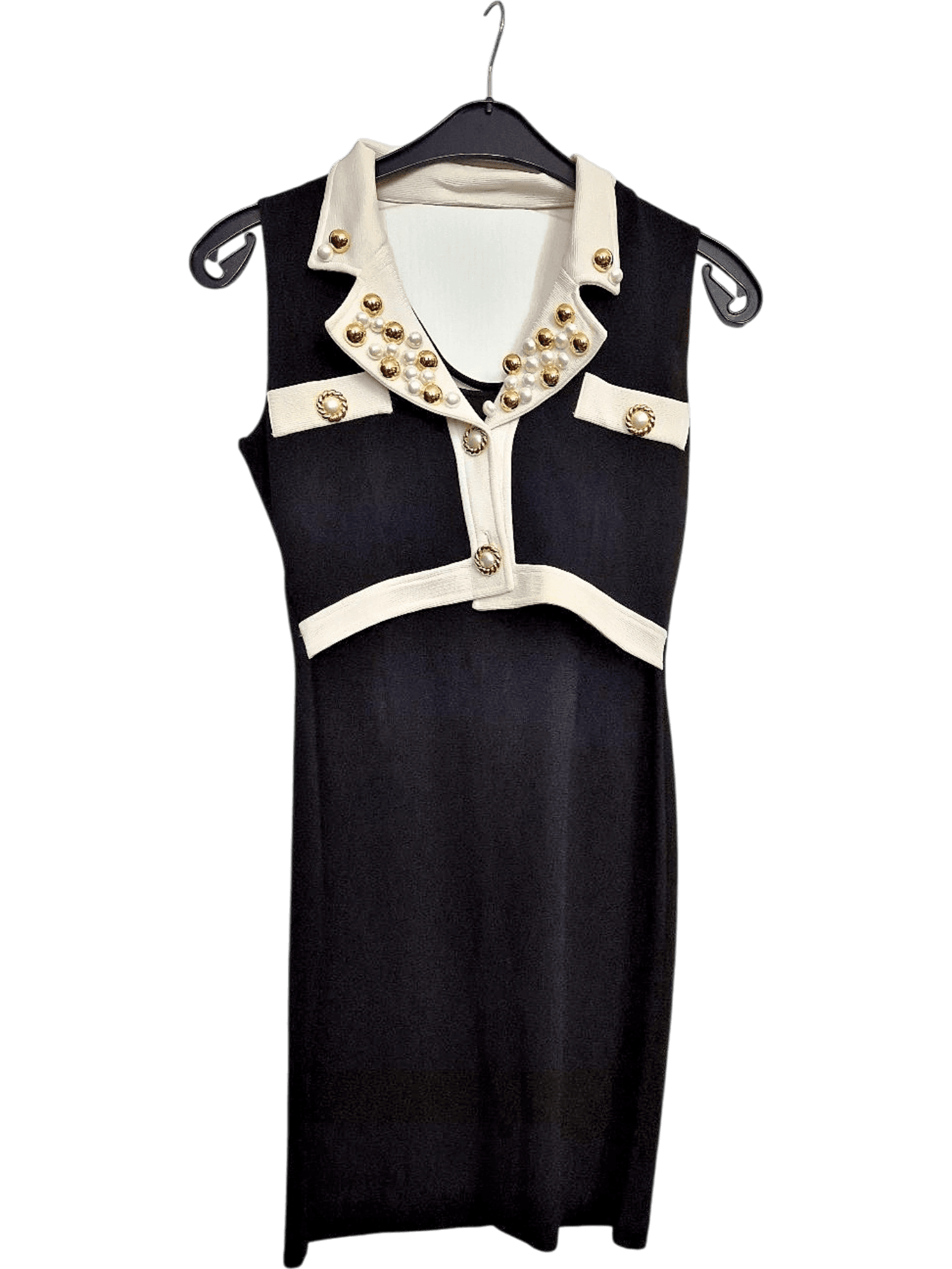 Elegant Black Bodycon Dress with White Collar and Gold Studs 1