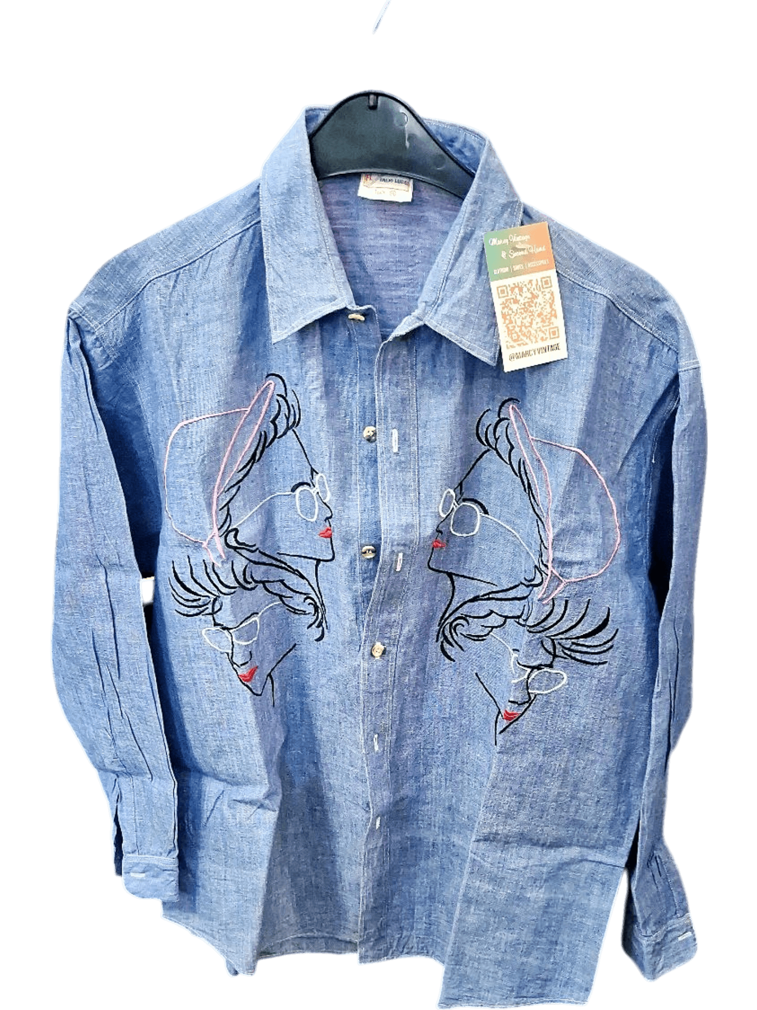 Vintage Blue Chambray Button-Down Shirt with Embroidered Design 1