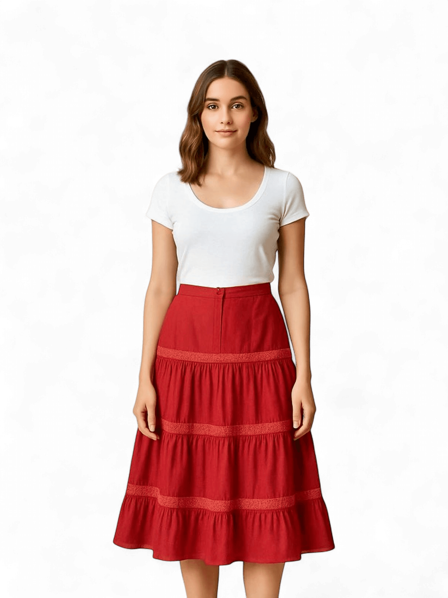 Red Tiered Midi Skirt with Decorative Trim - Bohemian Style 1