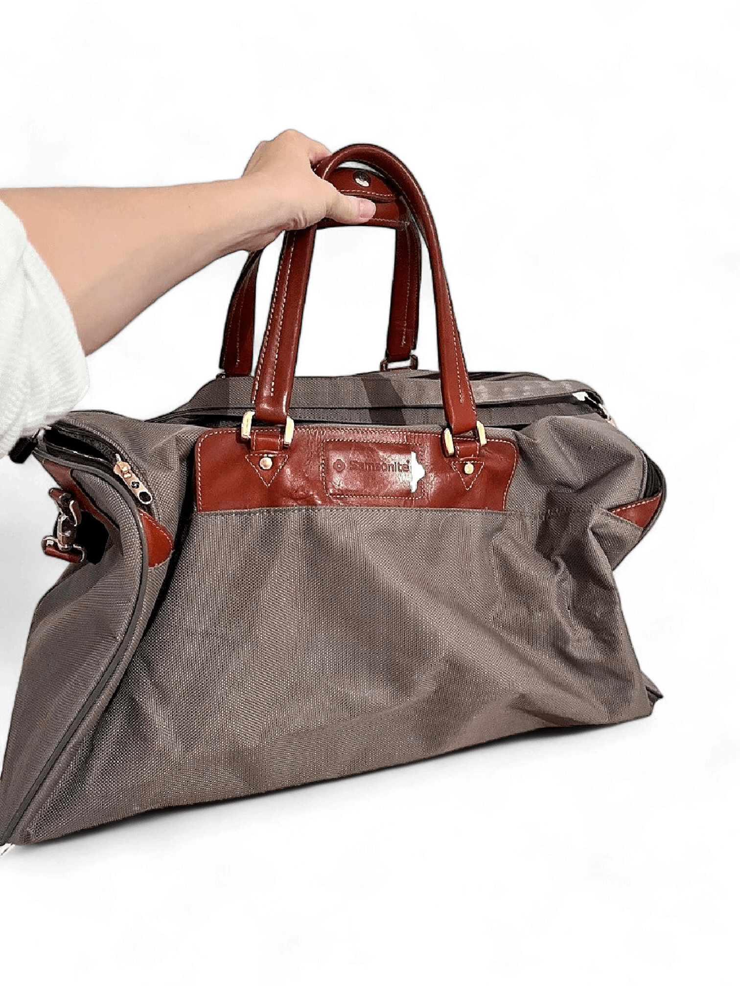 Samsonite Grey & Brown Leather Trim Duffle Bag 1