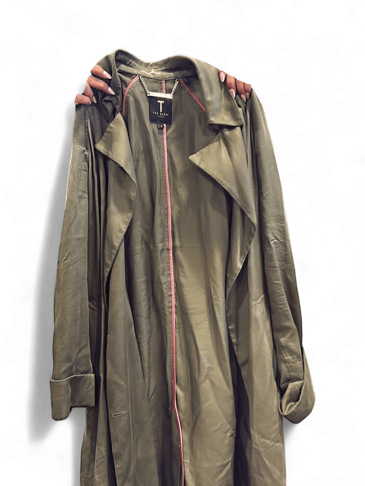 Ted Baker Olive Trench Coat with Pink Trim - Size 4 1