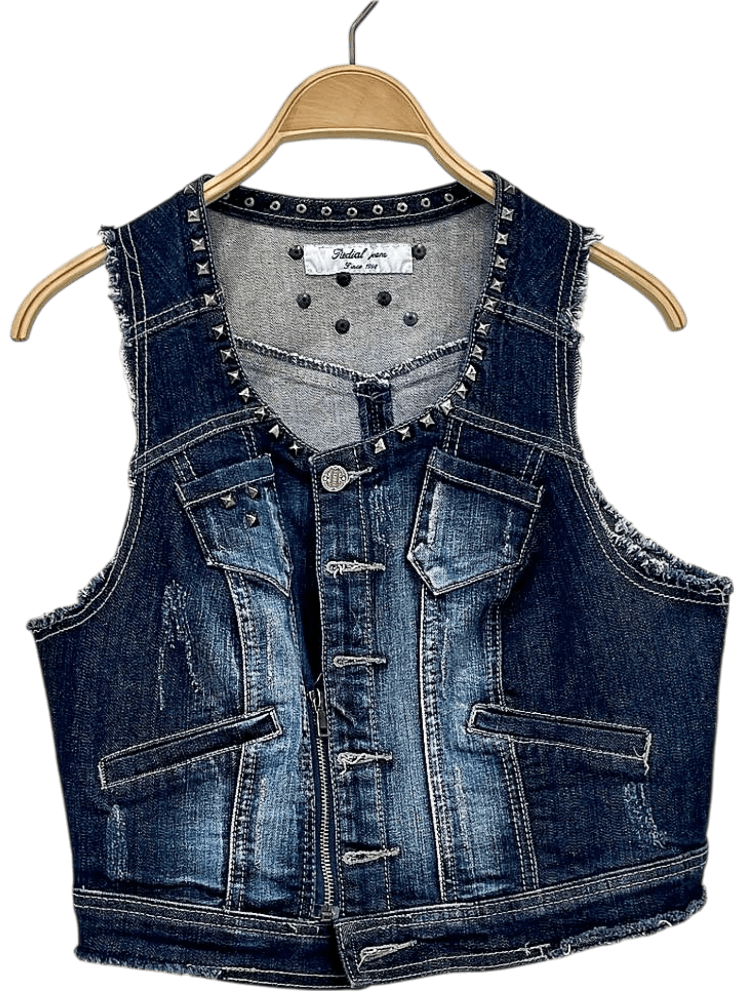 Redial Jeans Denim Vest with Studded Detail - Cropped Style 1