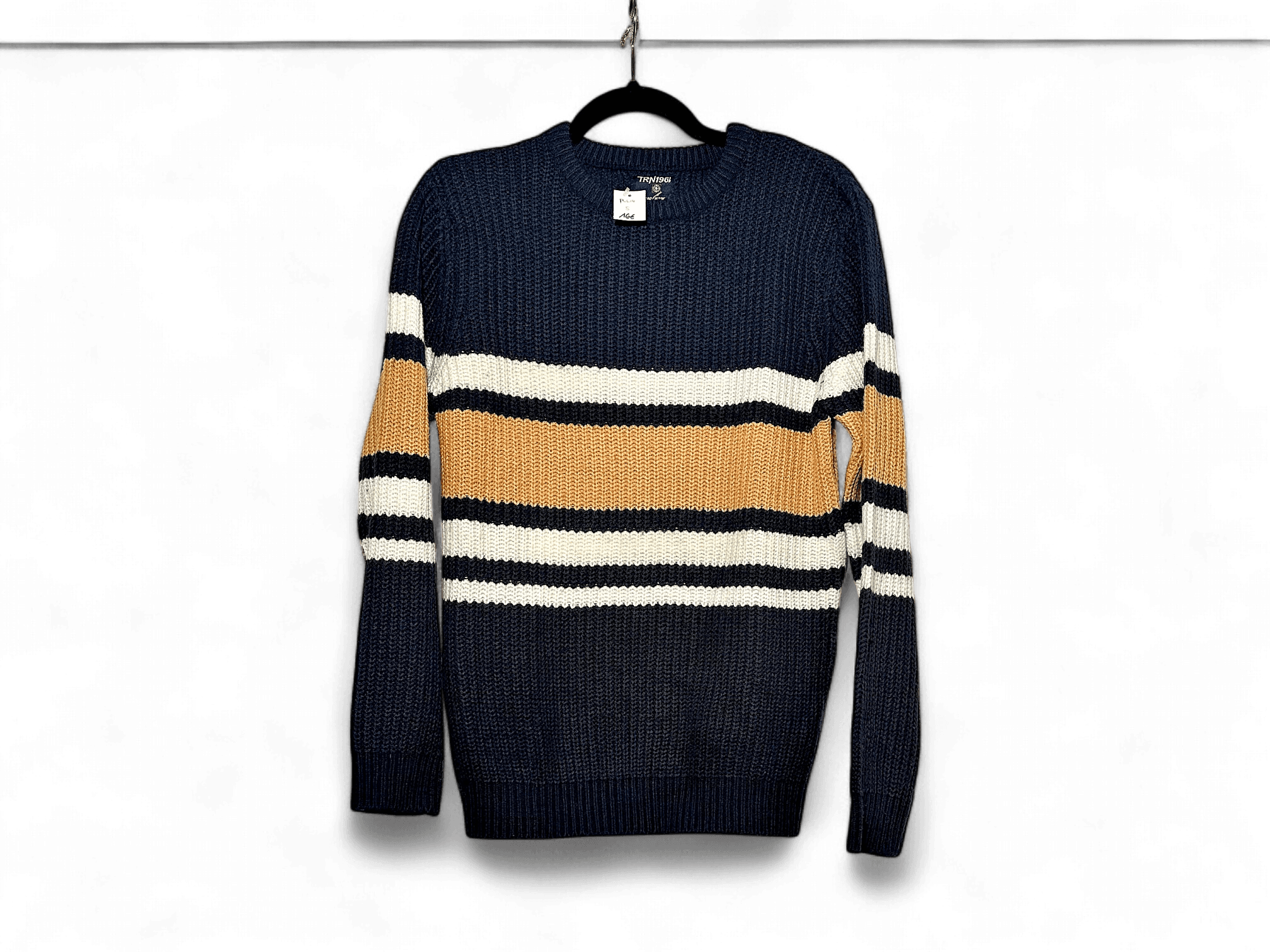Modern Striped Cotton Knit Sweater - Navy, White, and Mustard 1
