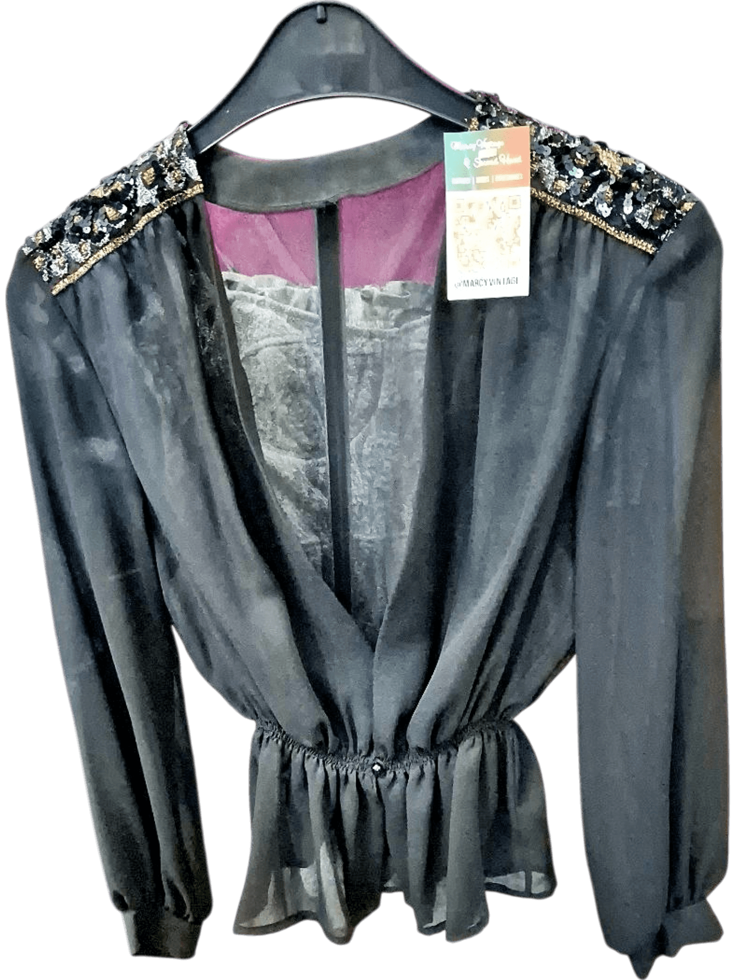 Elegant Black Chiffon Blouse with Embellished Shoulders - New with Tags 1