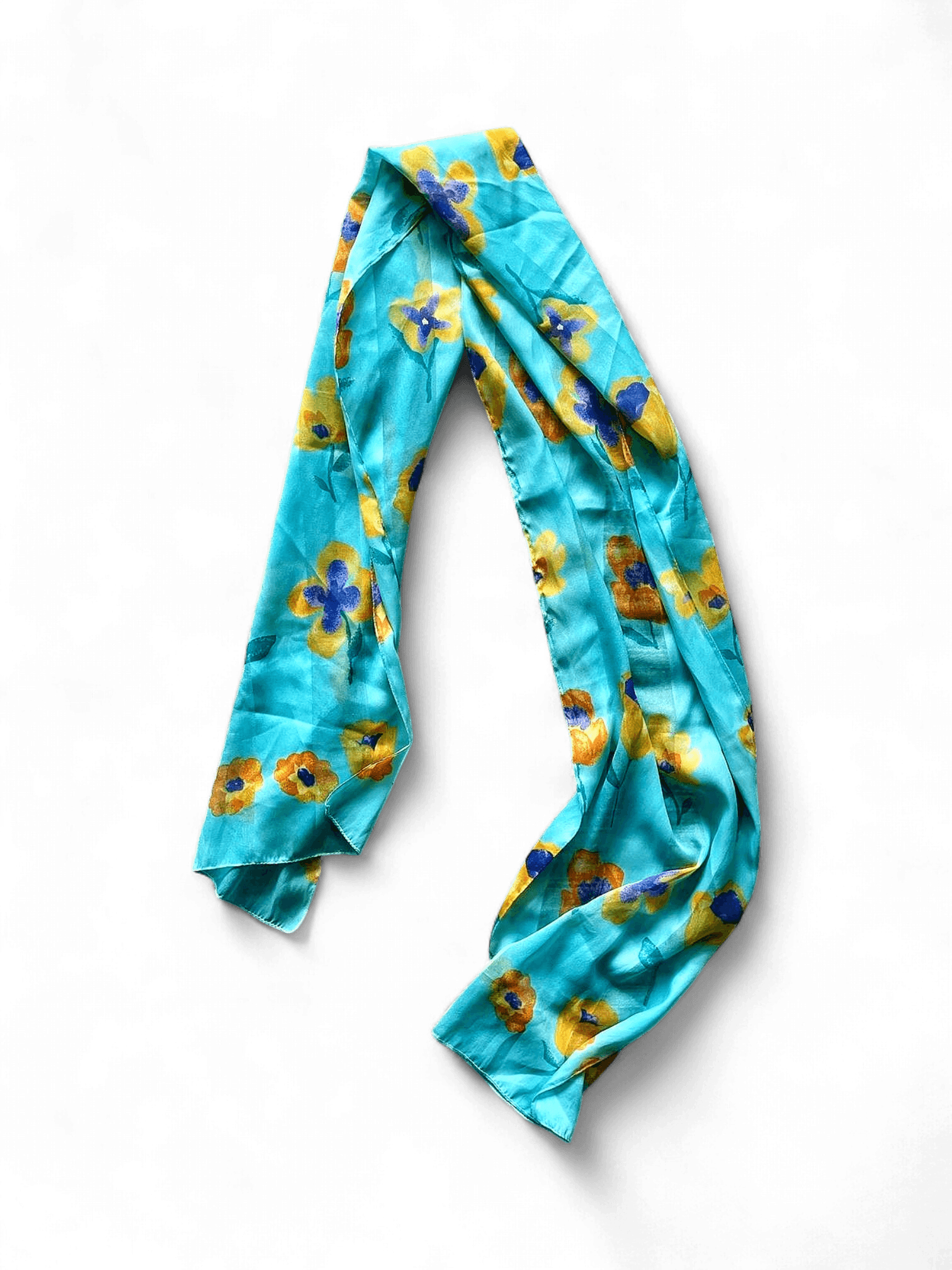 Turquoise Floral Print Silk Scarf - Yellow & Purple Flower Pattern 1