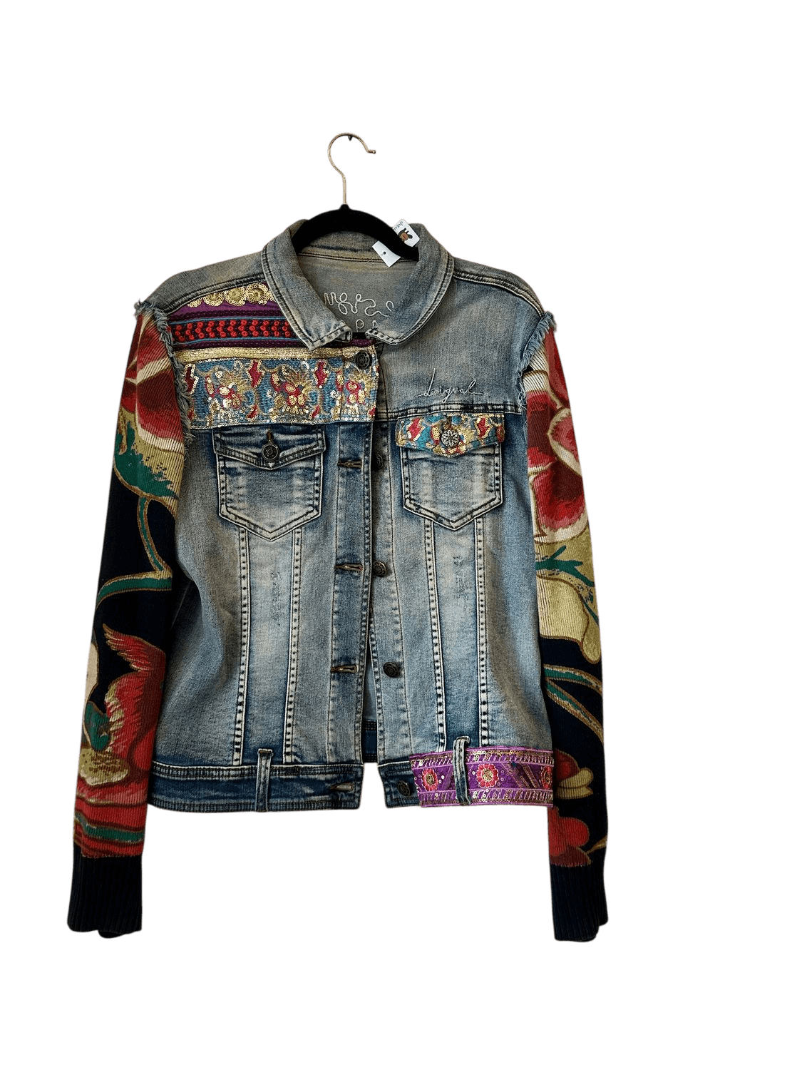 Desigual Embellished Denim Jacket with Floral Knit Sleeves 3