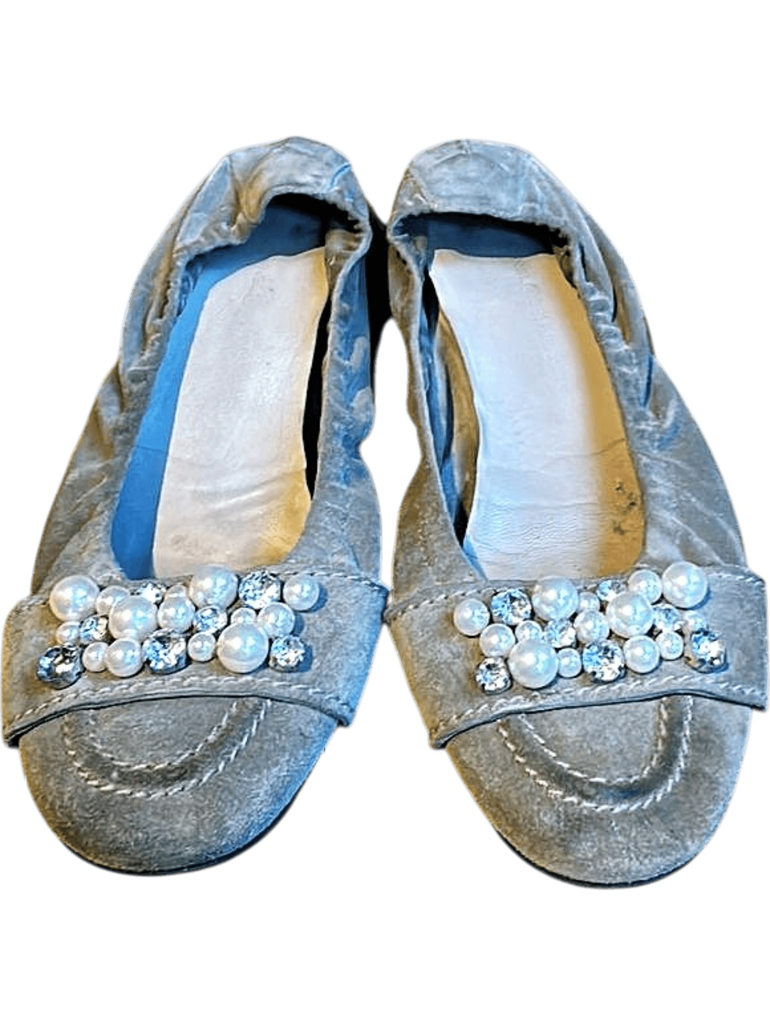 Elegante graue Wildleder-Ballerinas mit Perlen- und Kristallverzierung 1