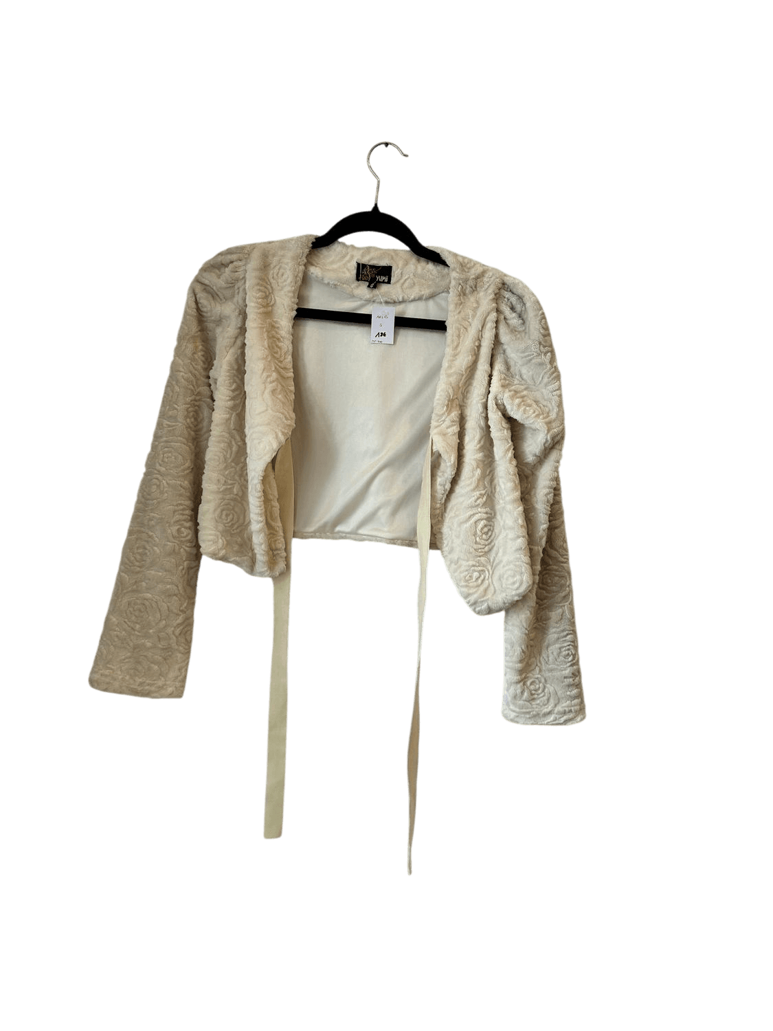 YUMI Cream Rose Pattern Faux Fur Cropped Jacket - Size 8 2