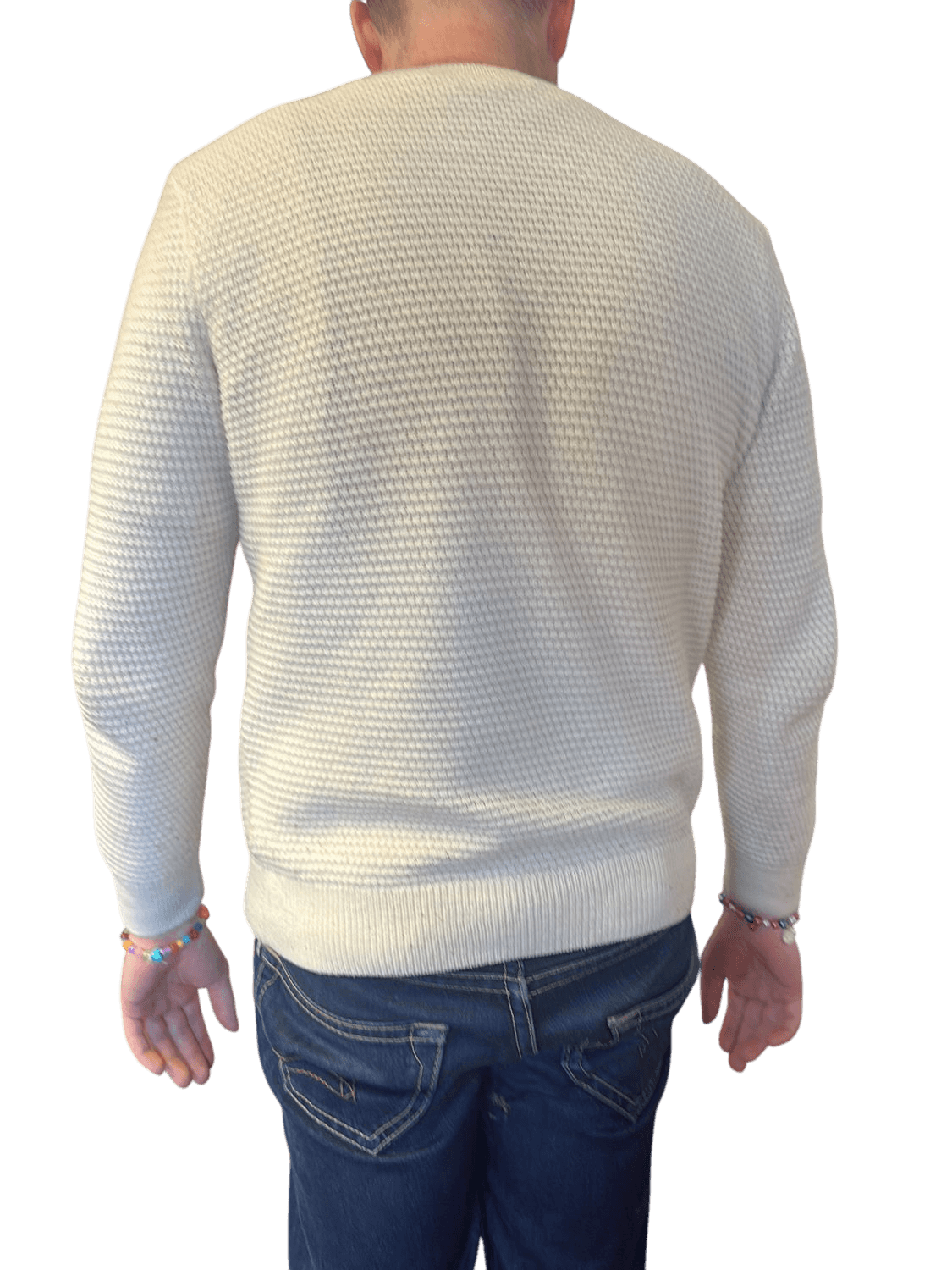 Men's White Textured Knit Sweater - Crew Neck 5