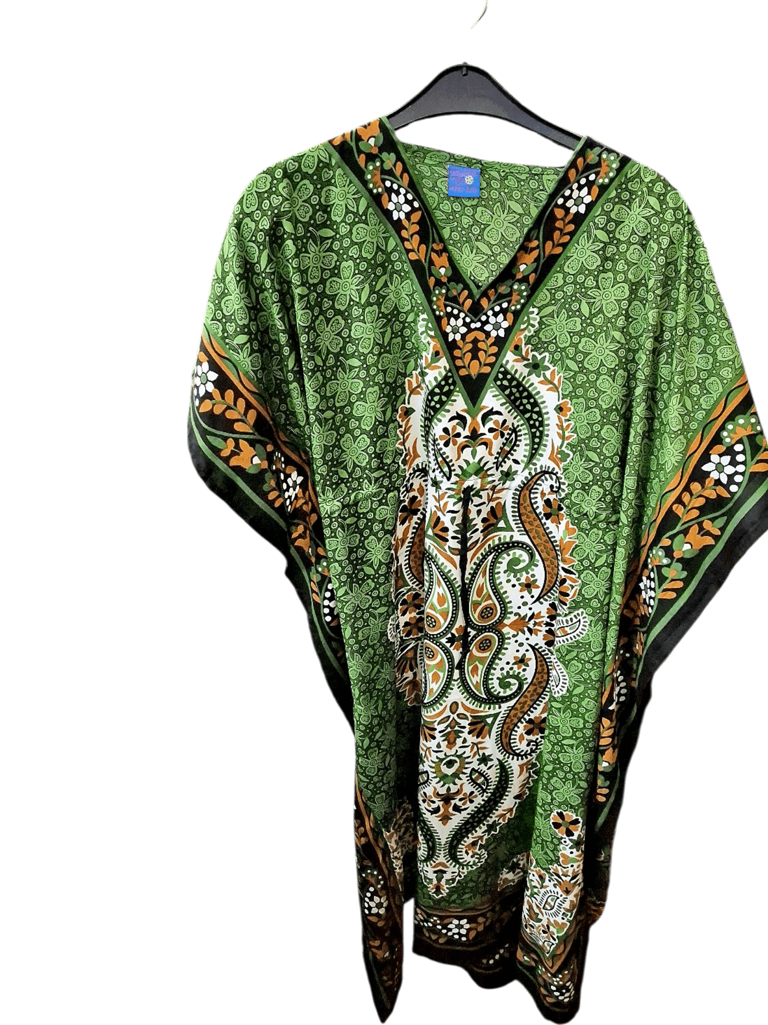Vibrant Green Paisley Print Kaftan - Bohemian V-Neck Poncho 1