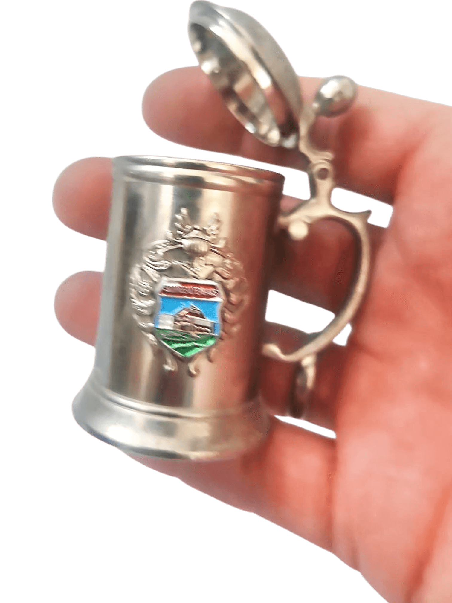 Vintage Miniature Pewter Beer Stein with Coat of Arms and Hinged Lid 3
