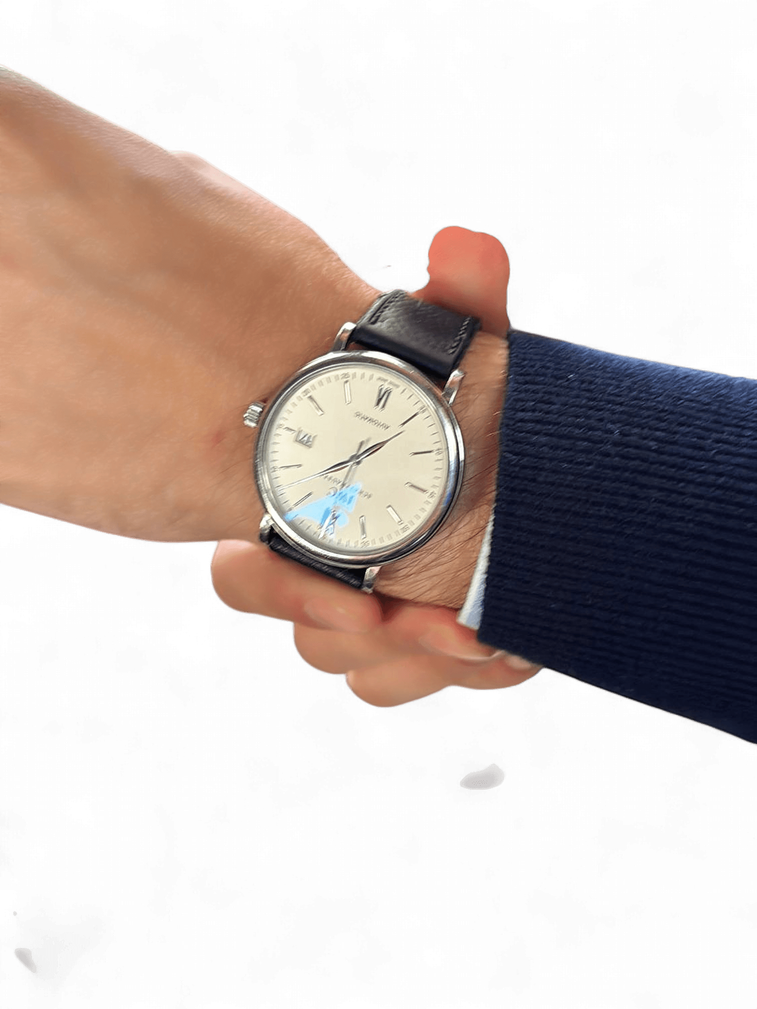 Elegant Analog Watch with Black Leather Strap and Cream Dial 2