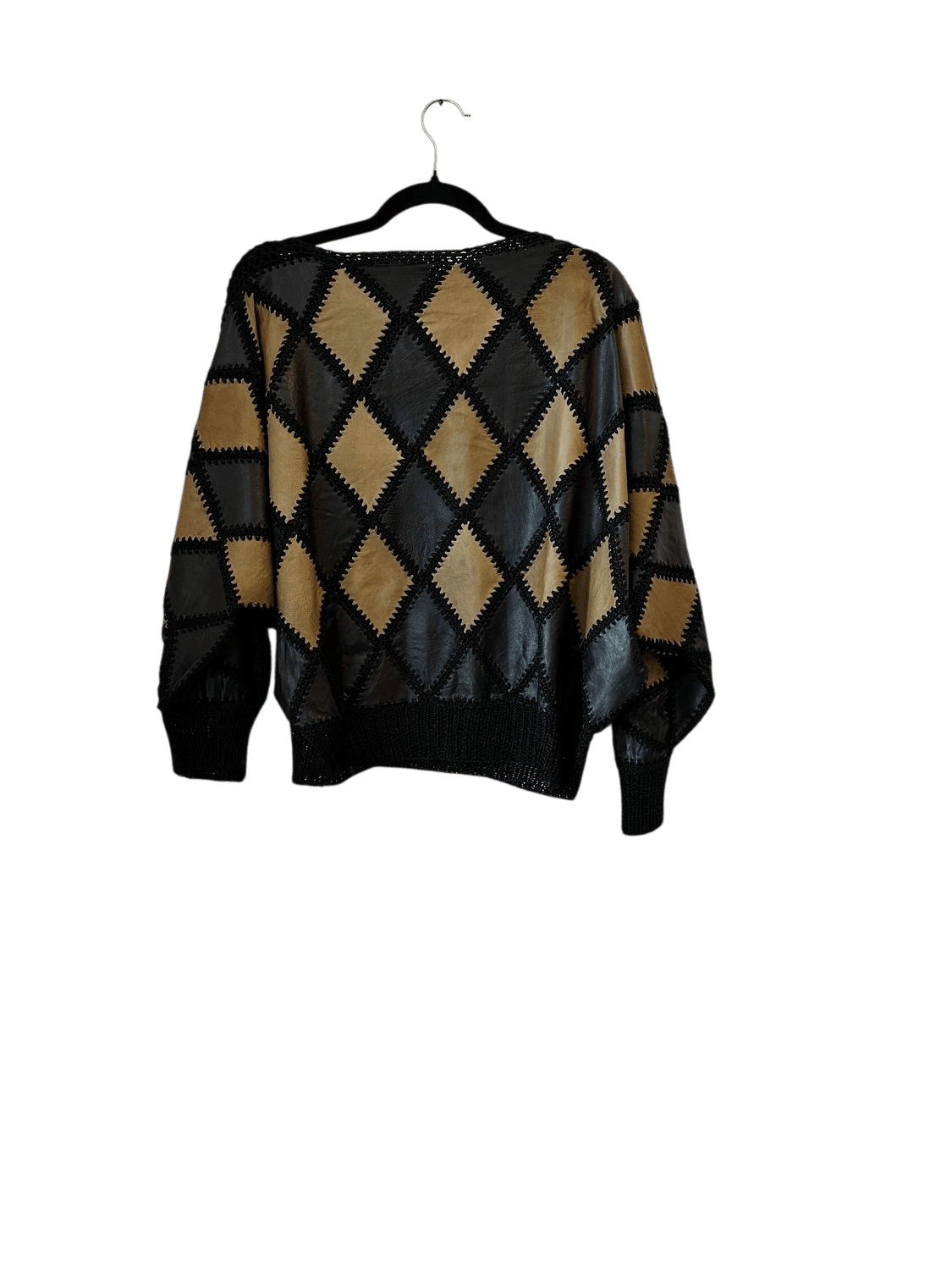 Vintage Leder-Pullover mit Rautenmuster - Schwarz/Beige 2