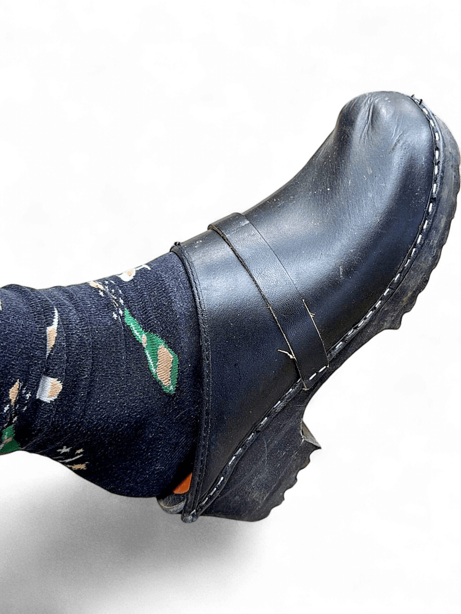 Black Leather Clogs with White Stitching 1