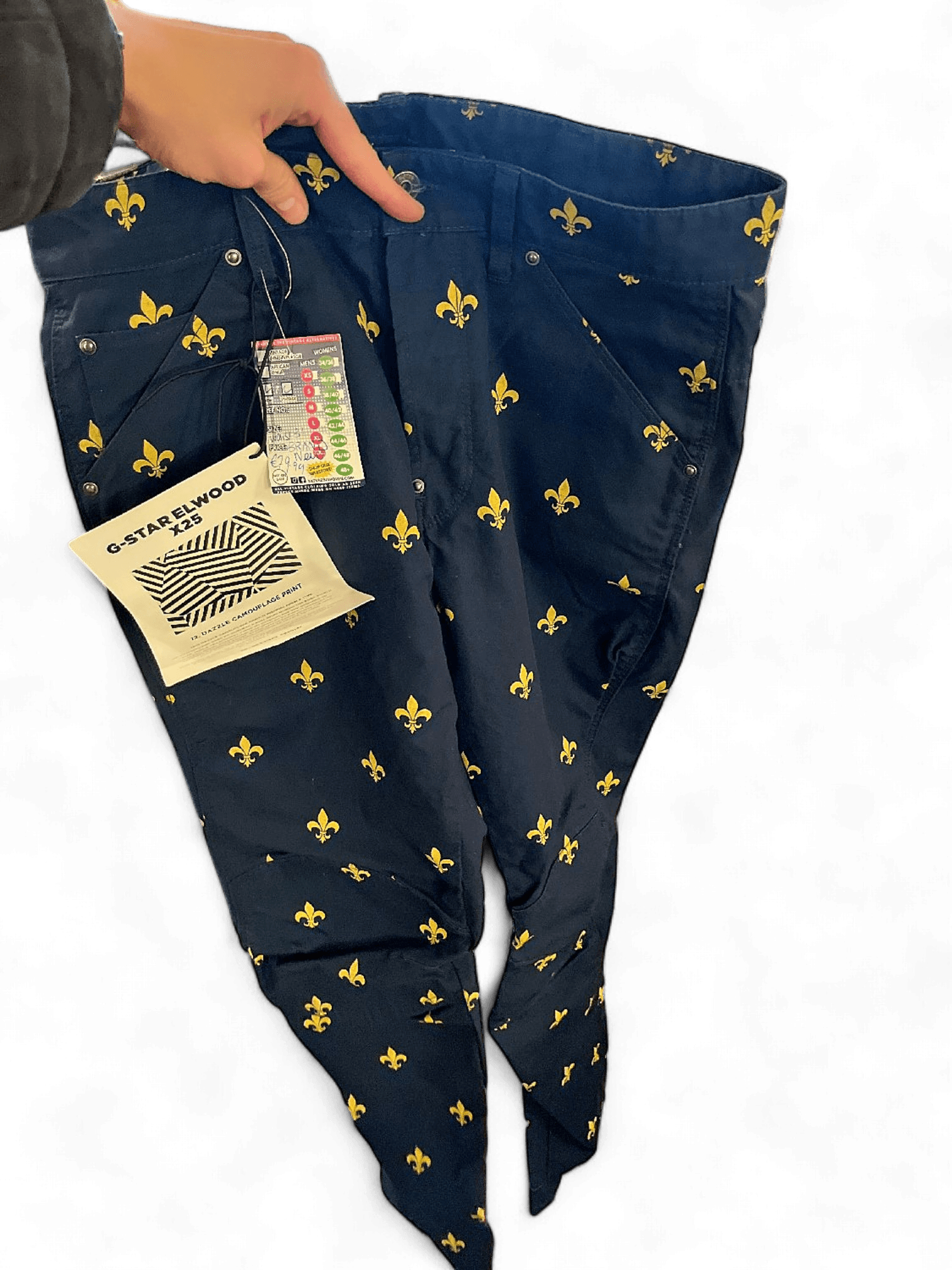 Modern Cotton Navy Trousers with Gold Fleur-de-lis Print by G-Star Elwood 1