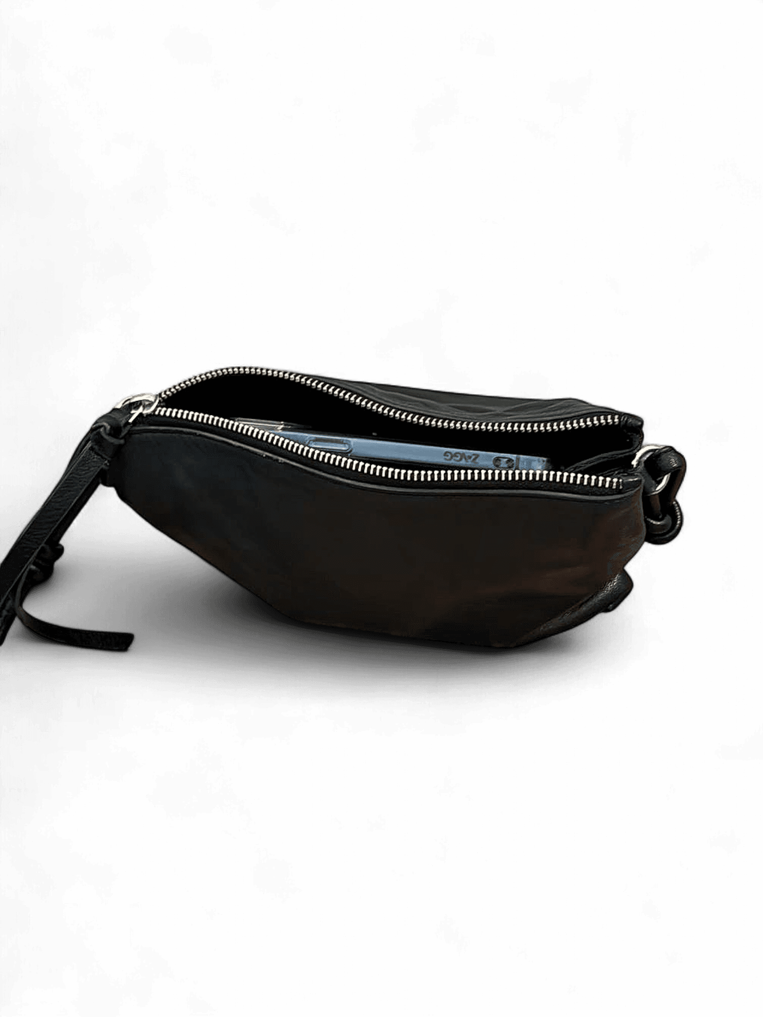 Black Leather Fanny Pack/Crossbody Bag with Silver Zipper 2