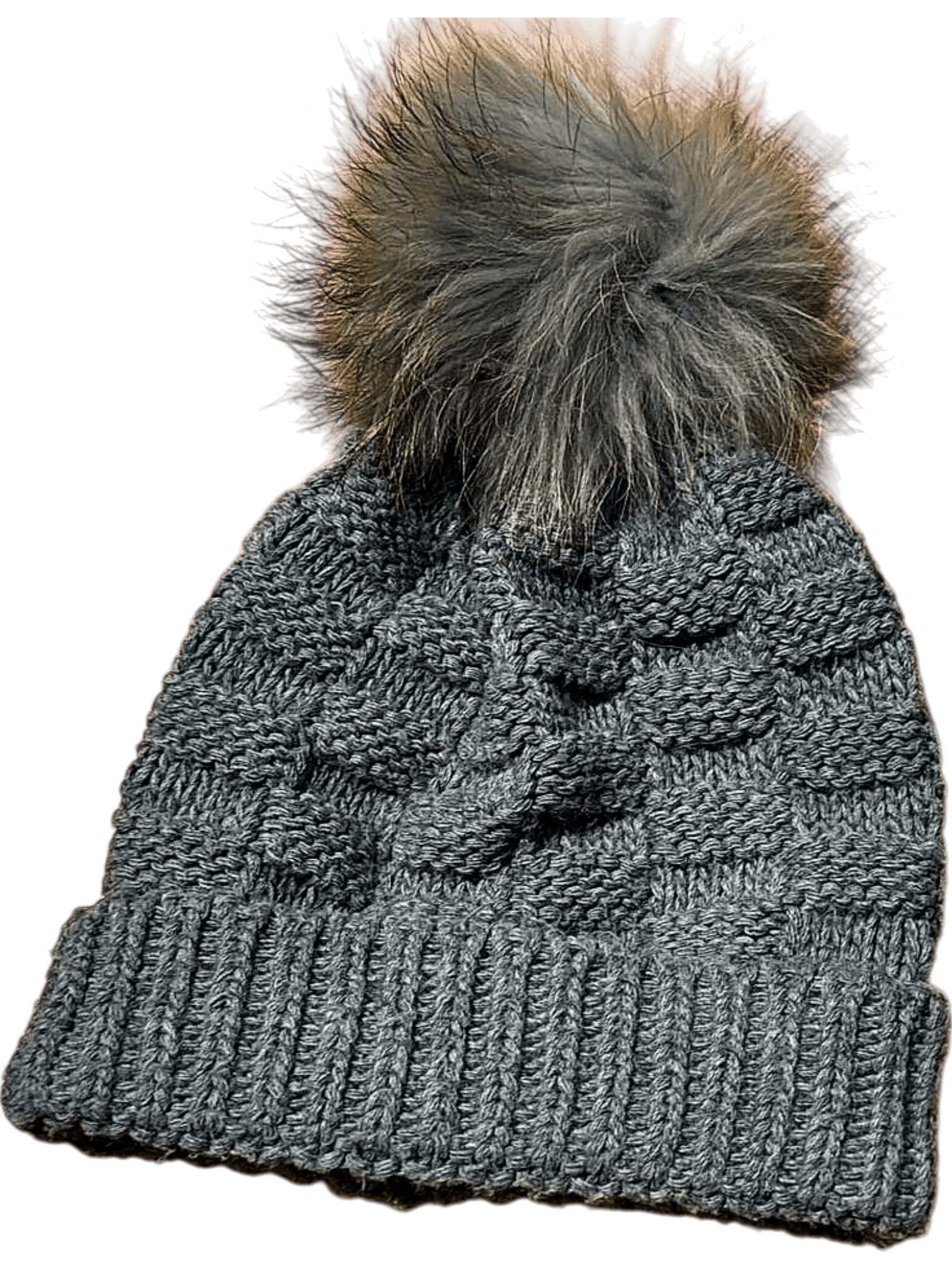 Grey Knitted Winter Beanie with Faux Fur Pom Pom 1